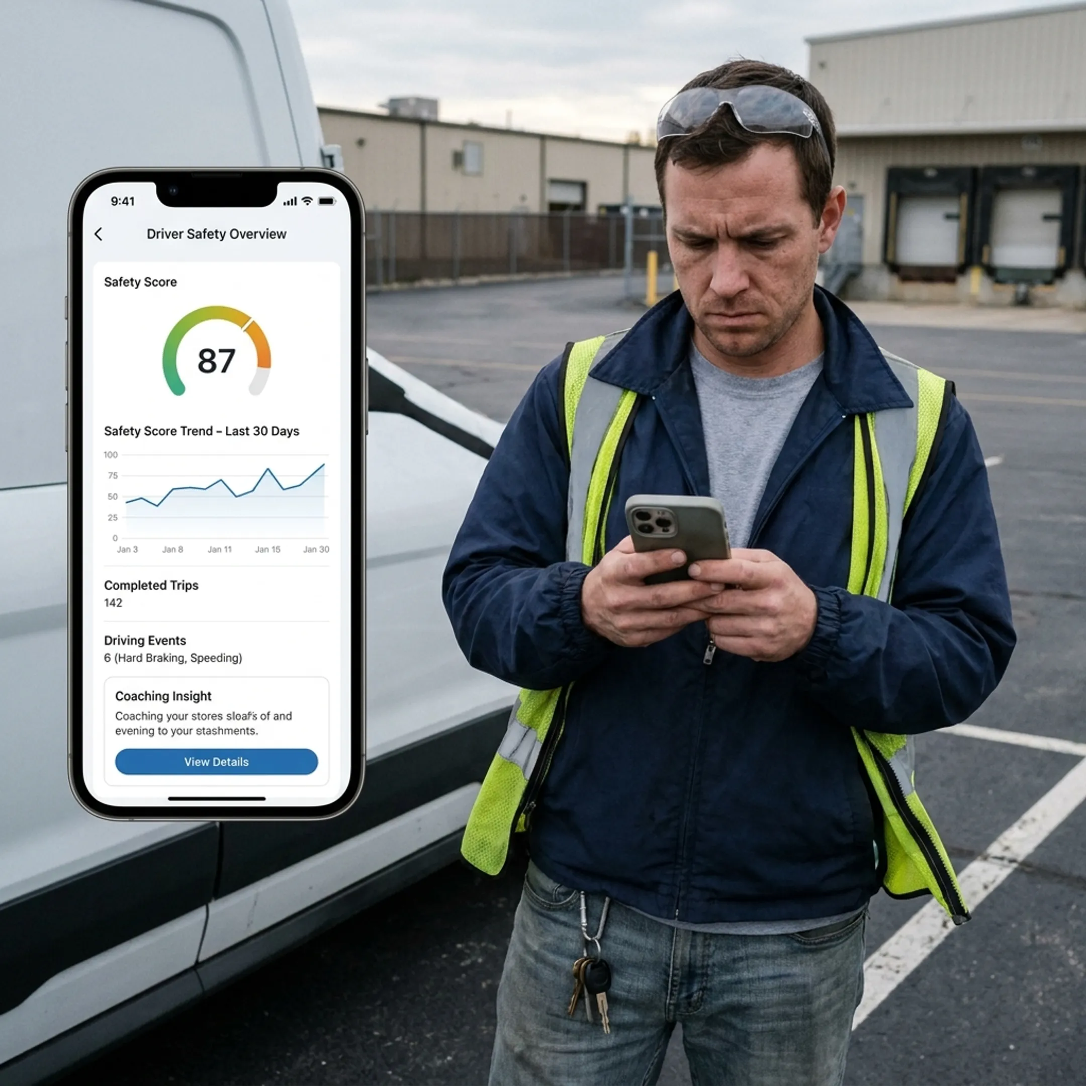 Driver reviewing safety performance on a mobile device
