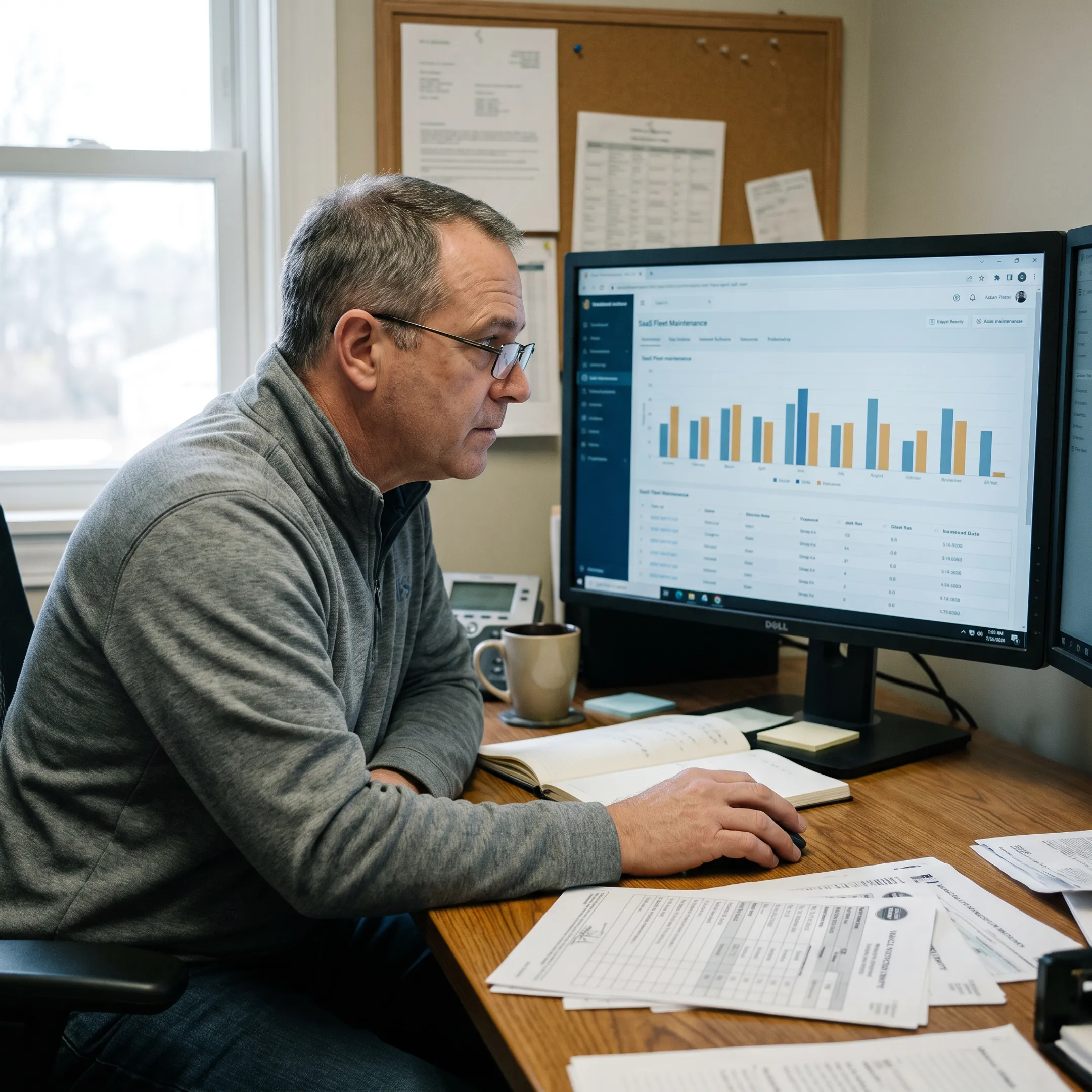 Fleet manager reviewing vehicle maintenance dashboard