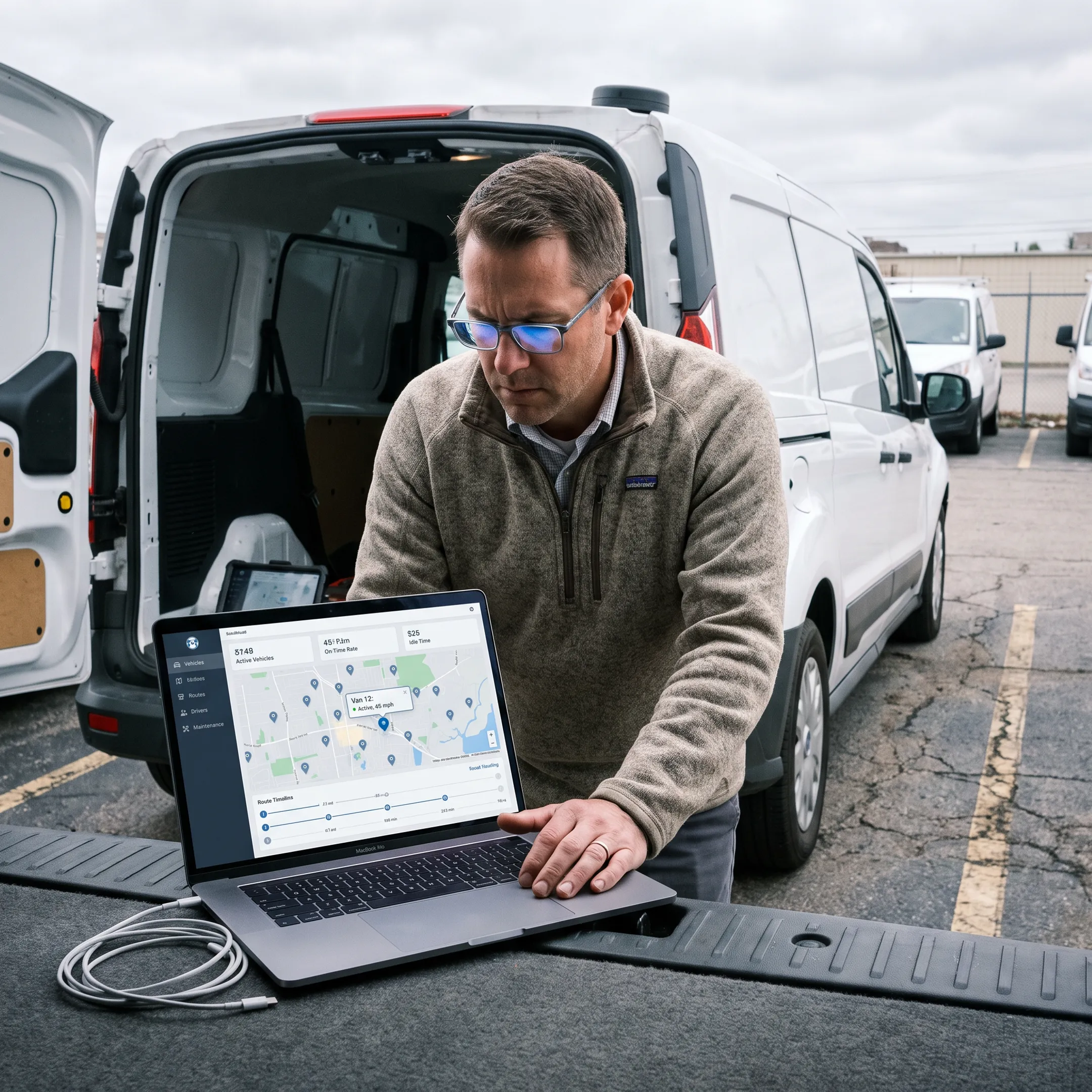 Fleet manager monitoring vehicle locations on a live GPS map