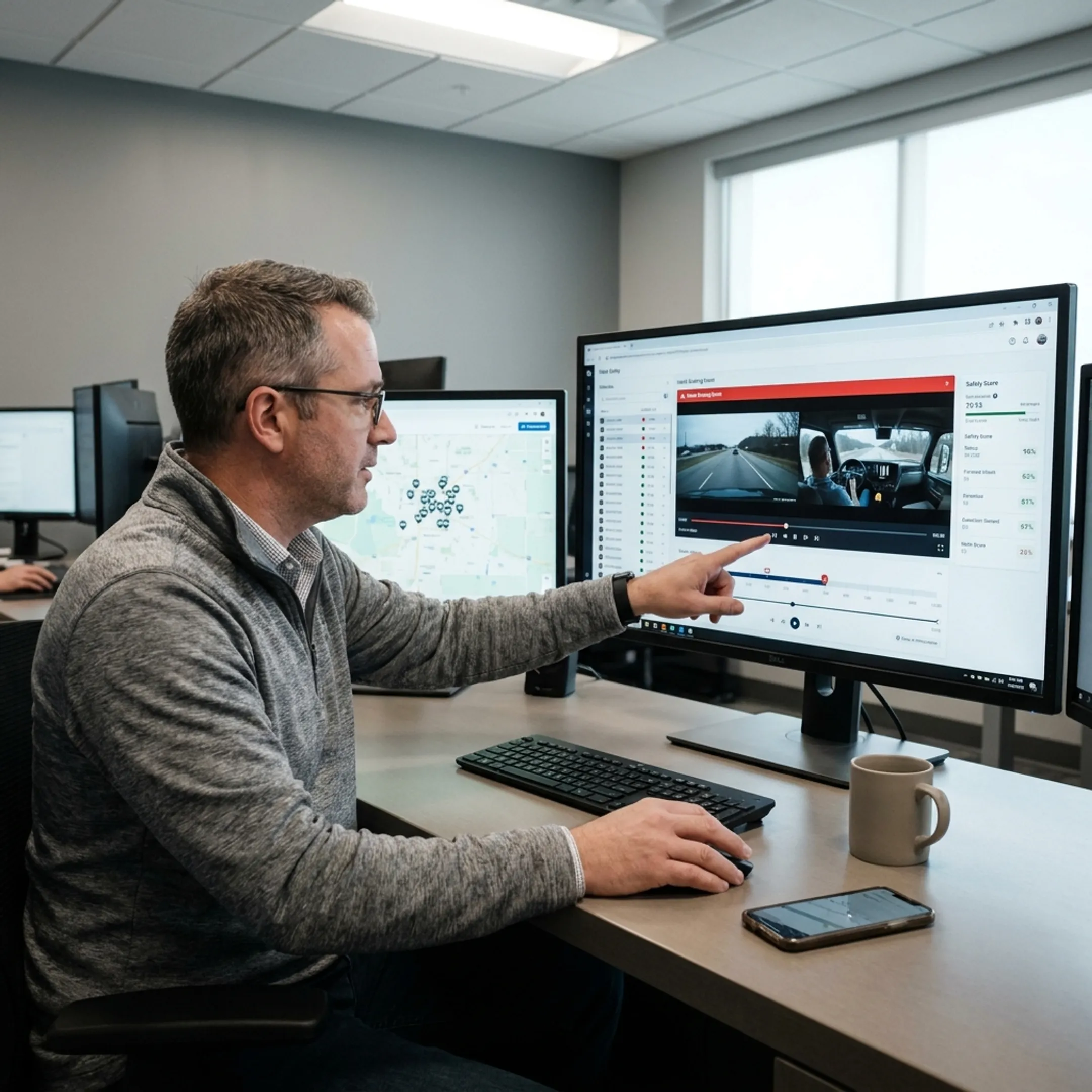 Fleet manager reviewing van dash camera footage