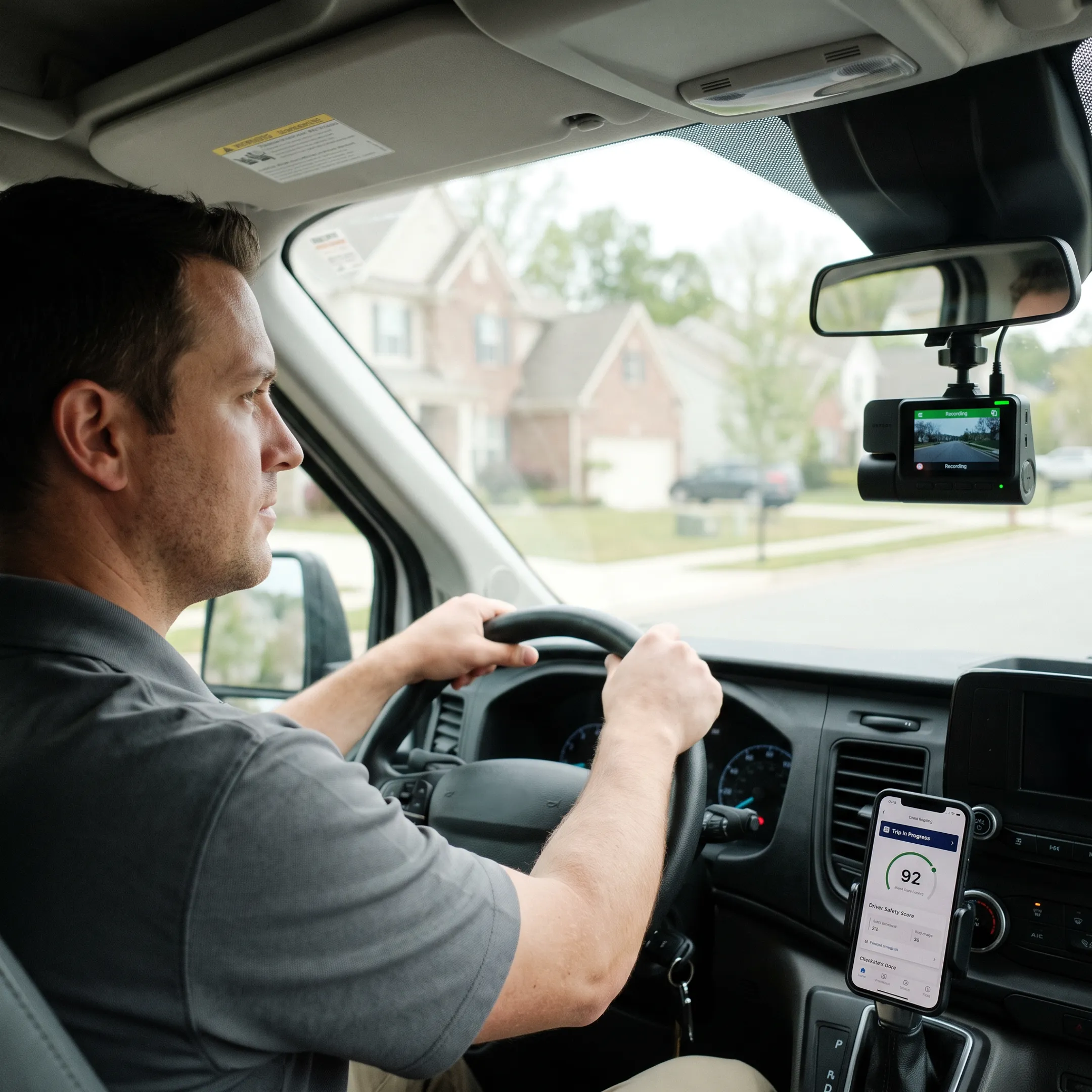 Van driver using a dual-facing fleet dash camera