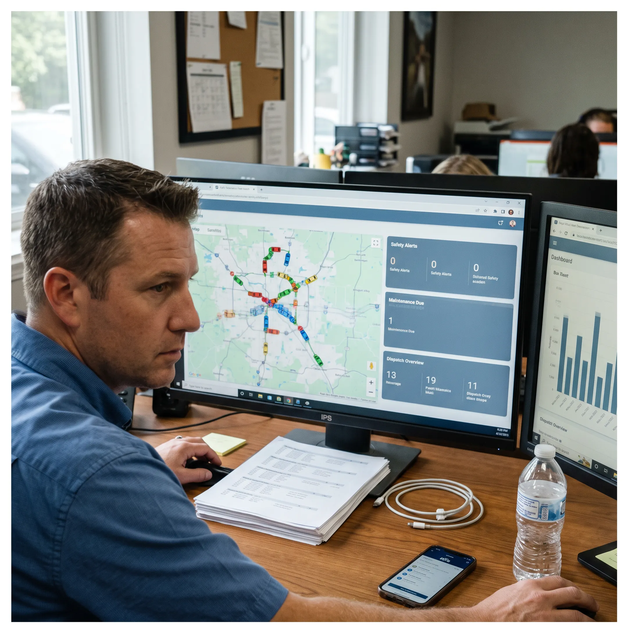 Fleet manager reviewing live vehicle tracking dashboard