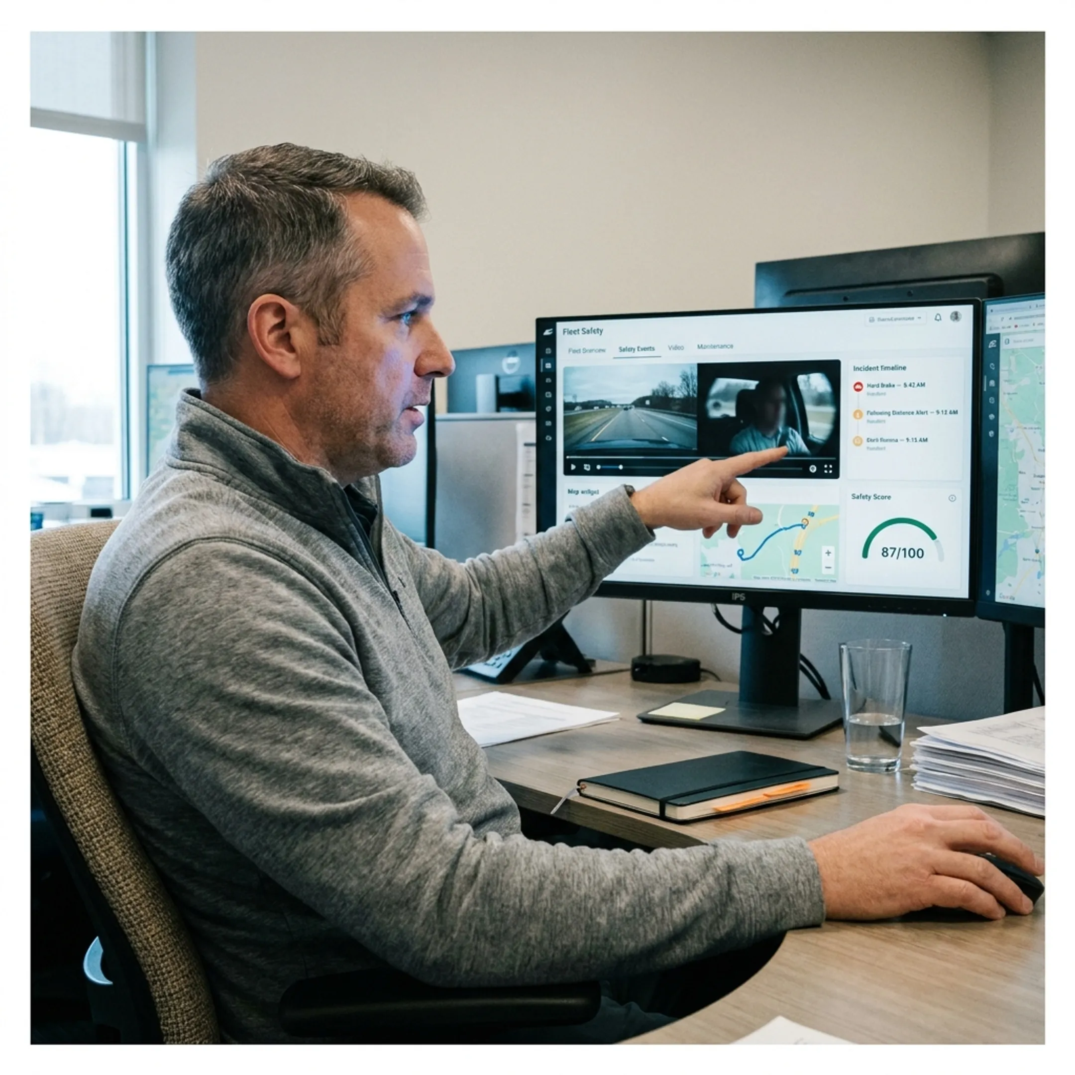 Manager reviewing dashcam footage and incident data
