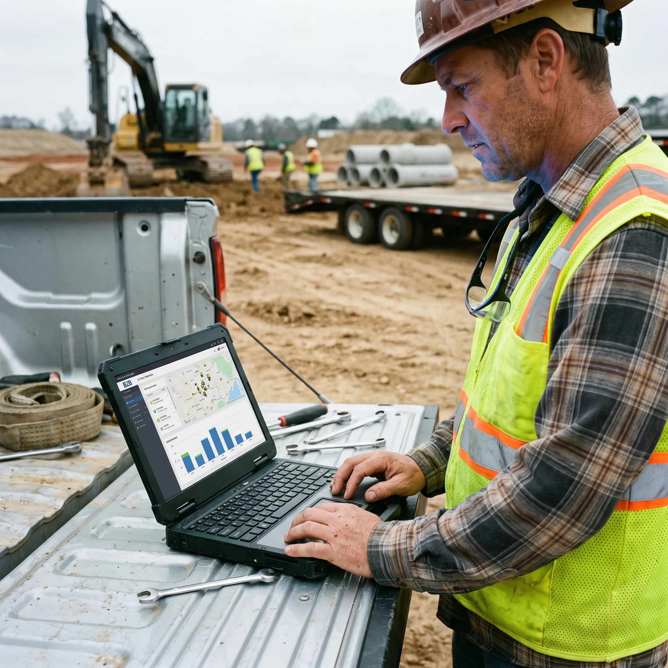 Equipment manager reviewing asset locations on a laptop