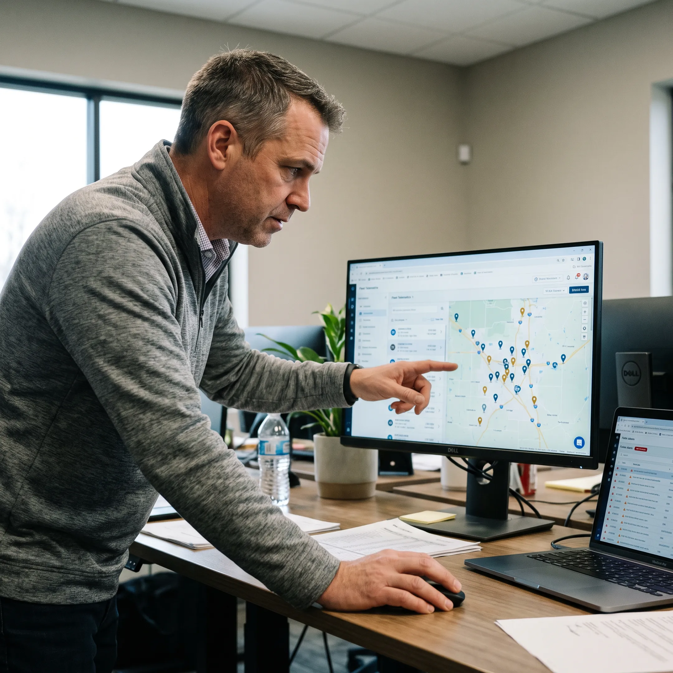Fleet manager reviewing live vehicle tracking map