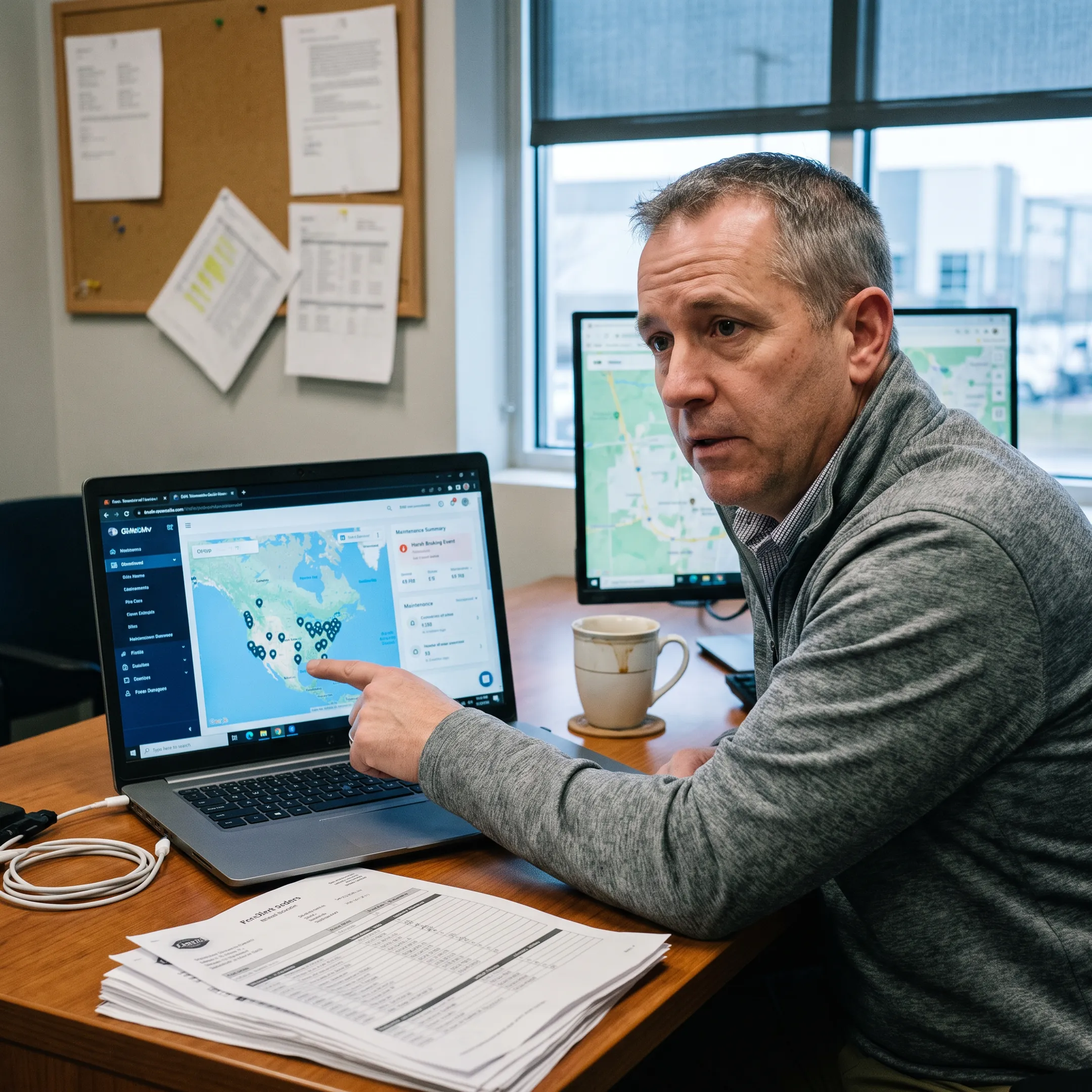 Fleet manager reviewing commercial vehicle data