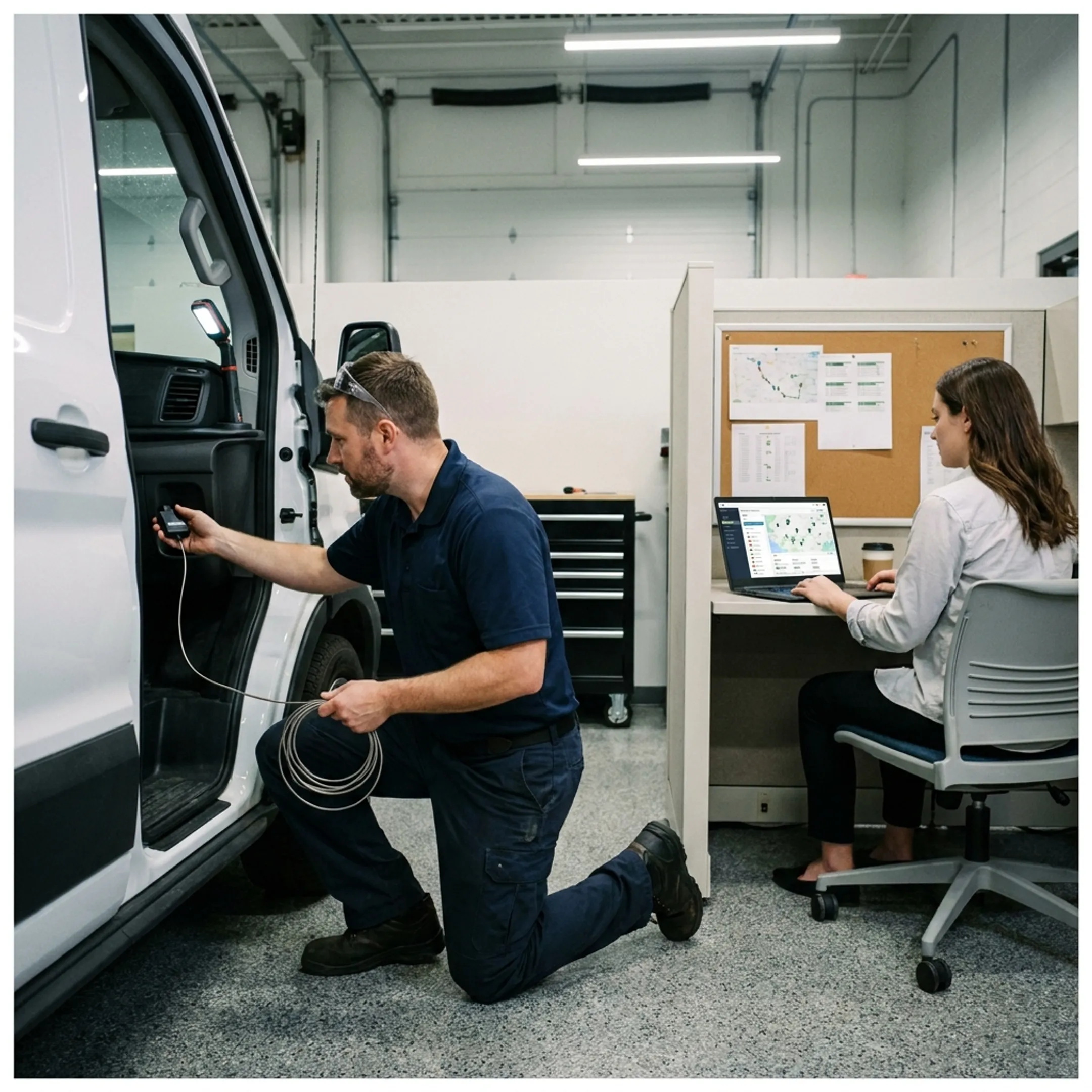 Technician configuring GPS fleet tracking dashboard
