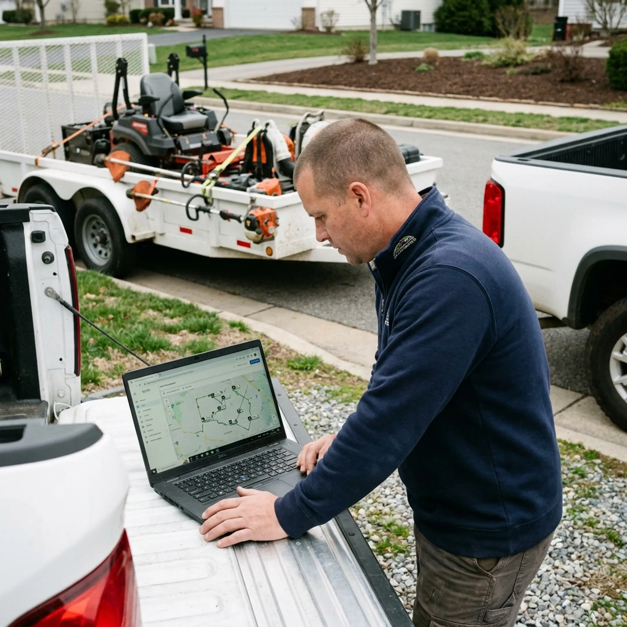 Fleet manager reviewing landscaping vehicles and equipment