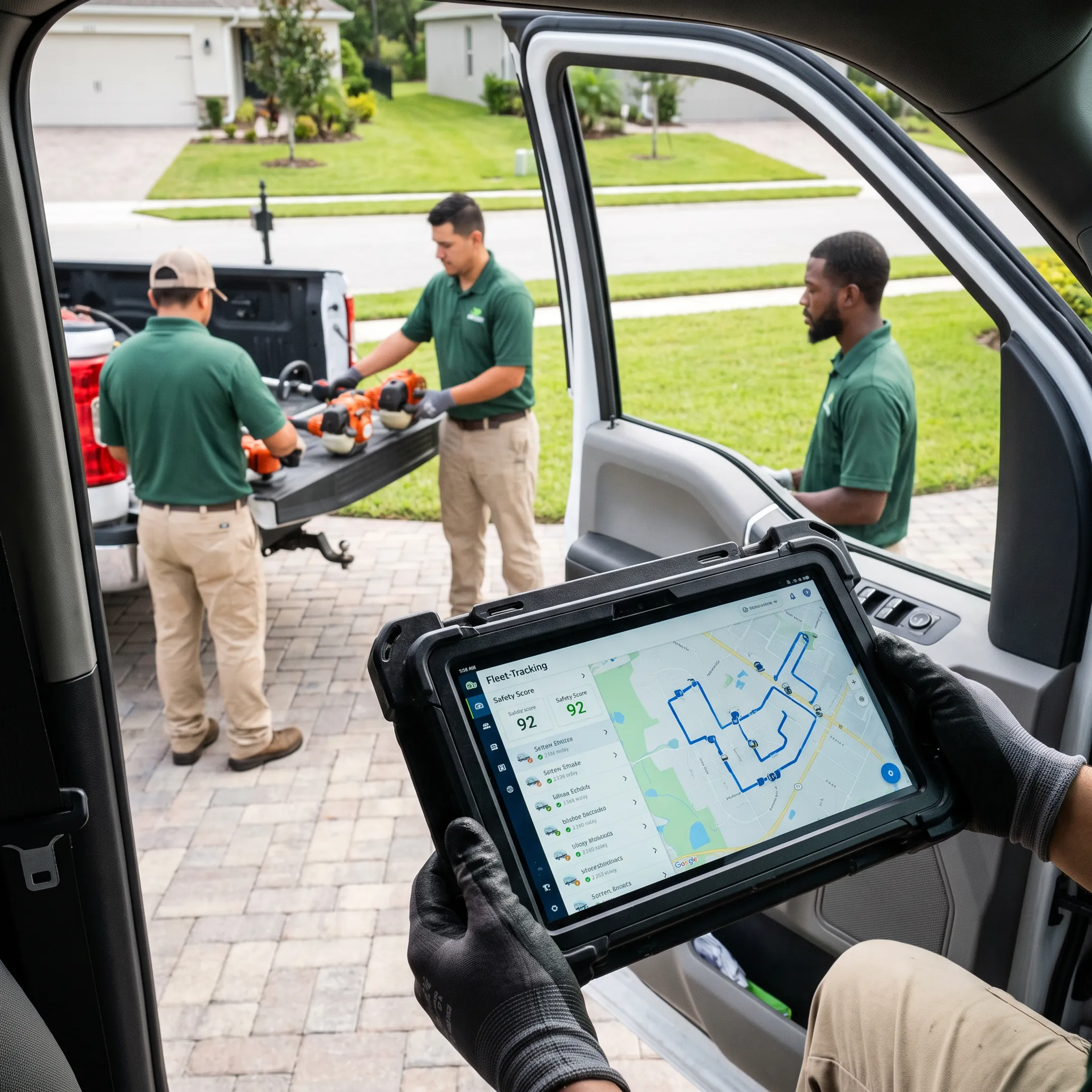 Landscaping crew truck with GPS fleet technology
