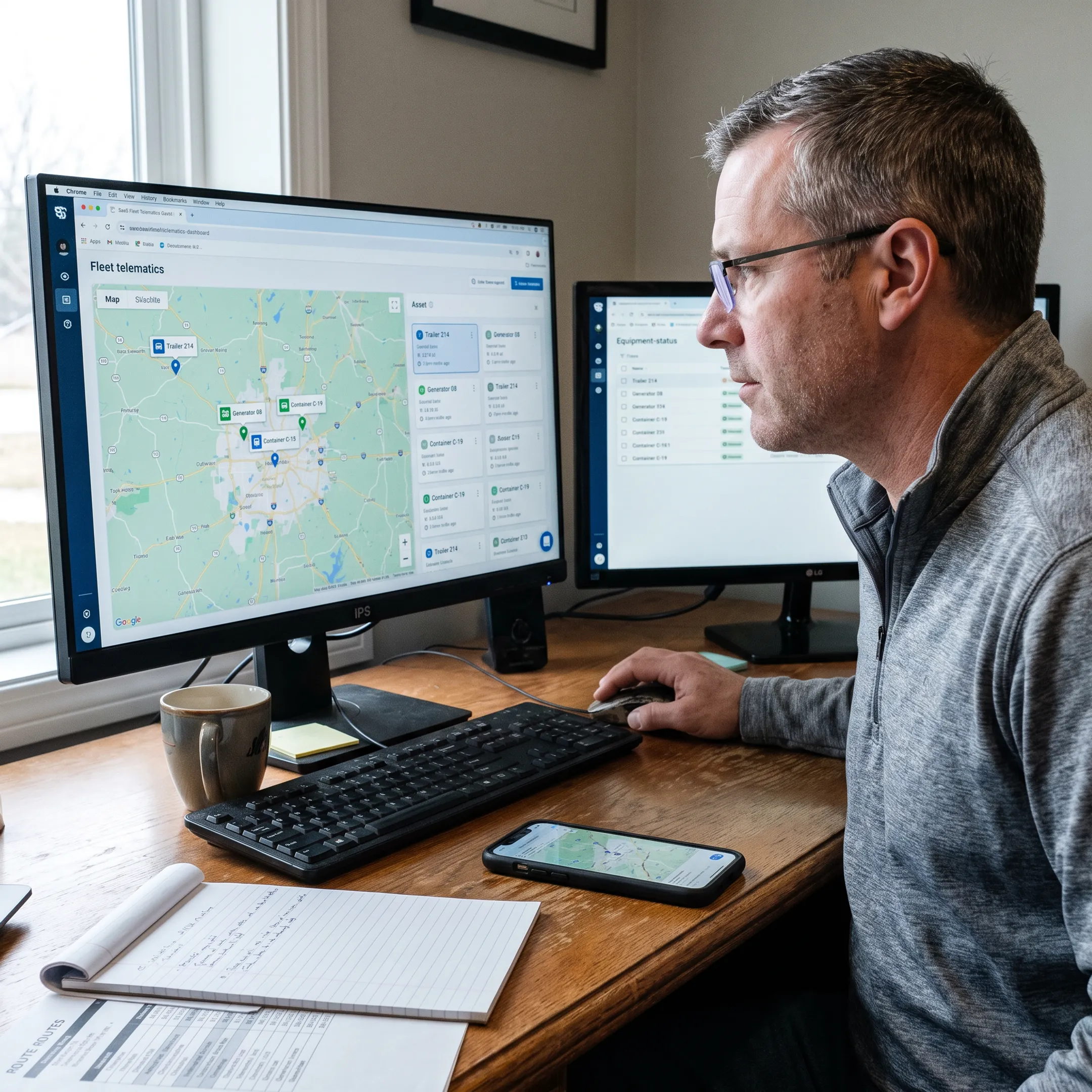 Manager reviewing live asset locations on a dashboard