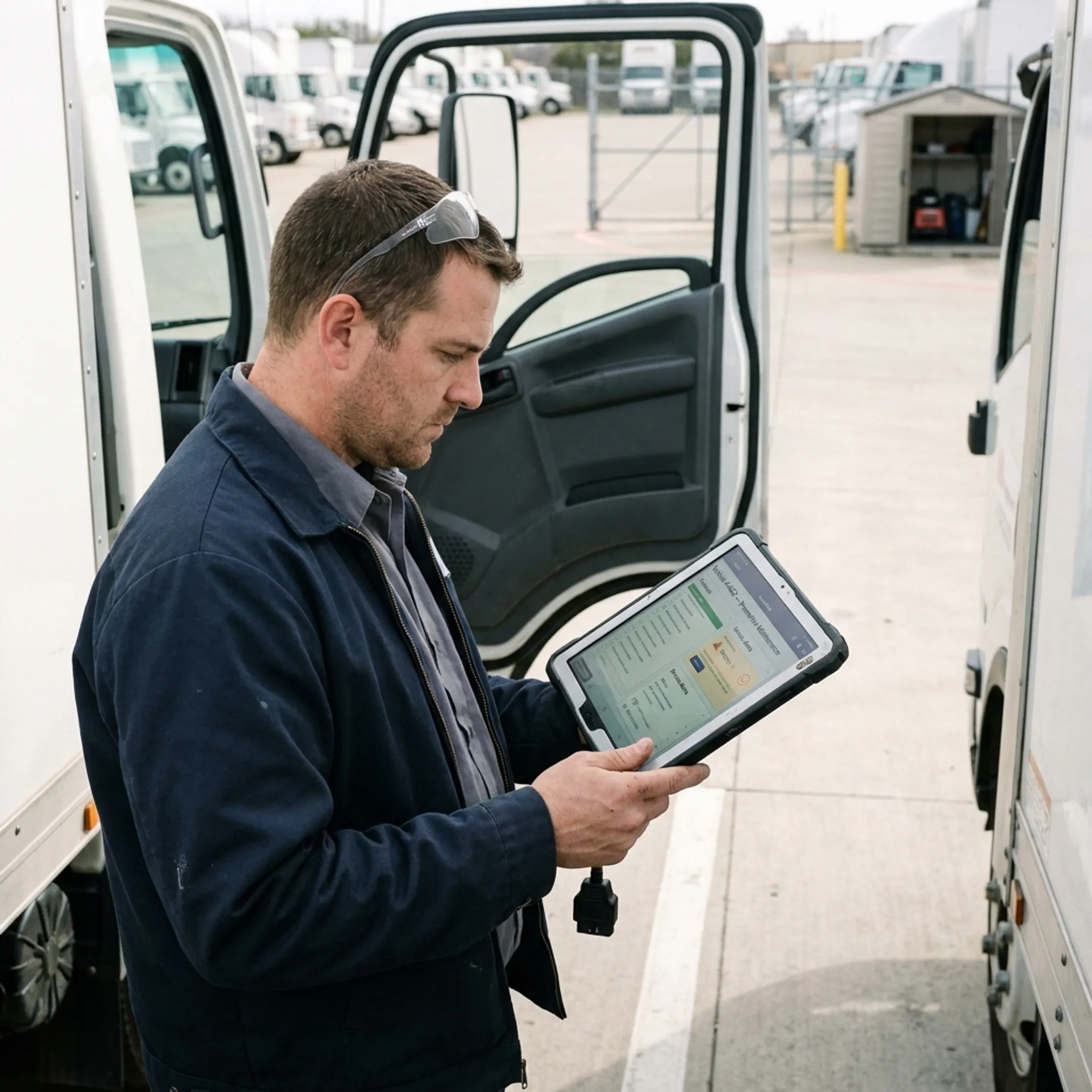 Technician reviewing truck maintenance schedule