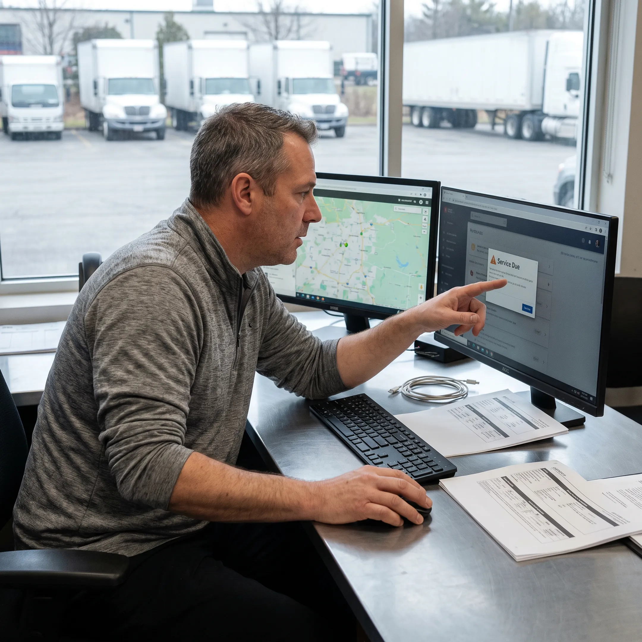 Fleet manager reviewing truck maintenance data