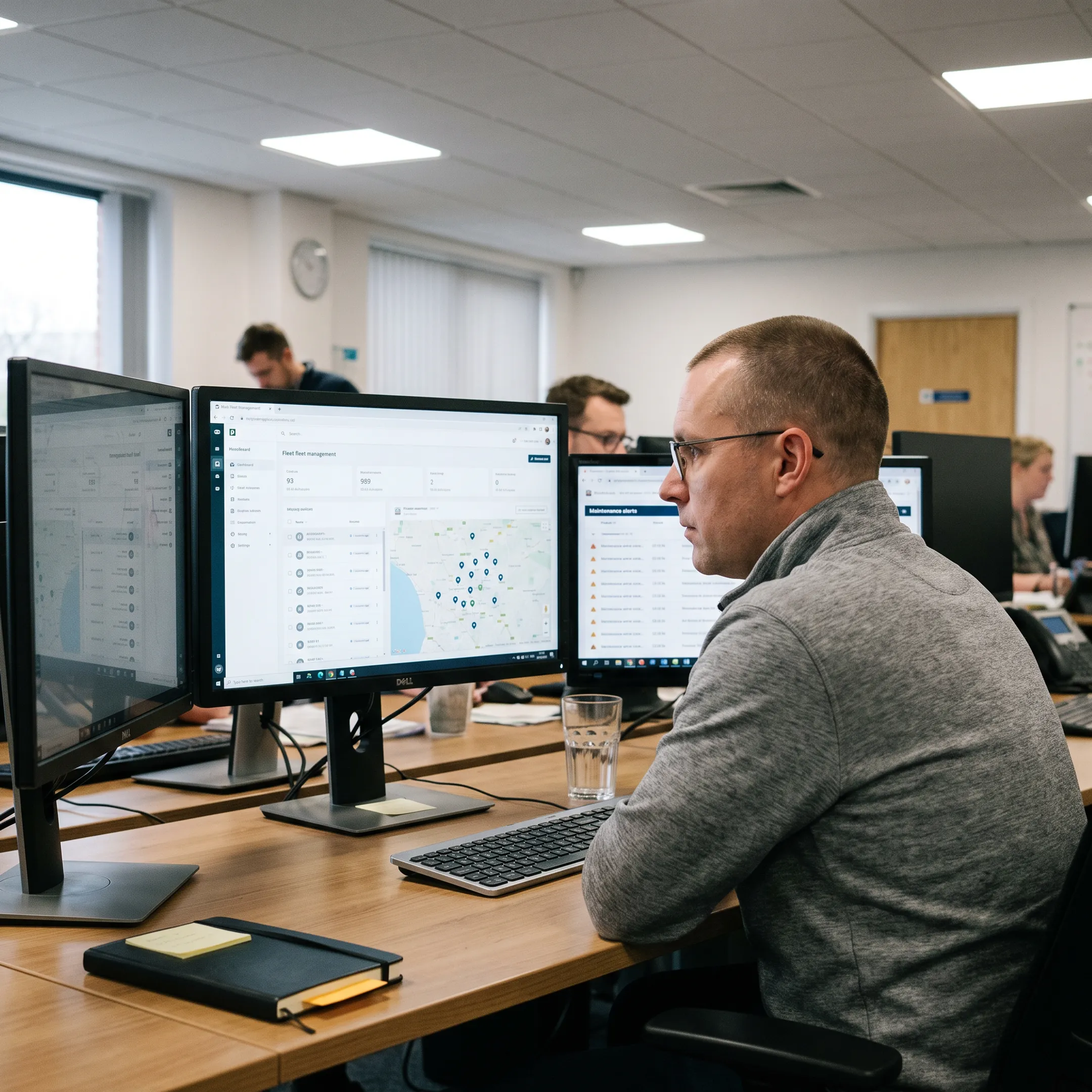Government fleet manager reviewing live vehicle map