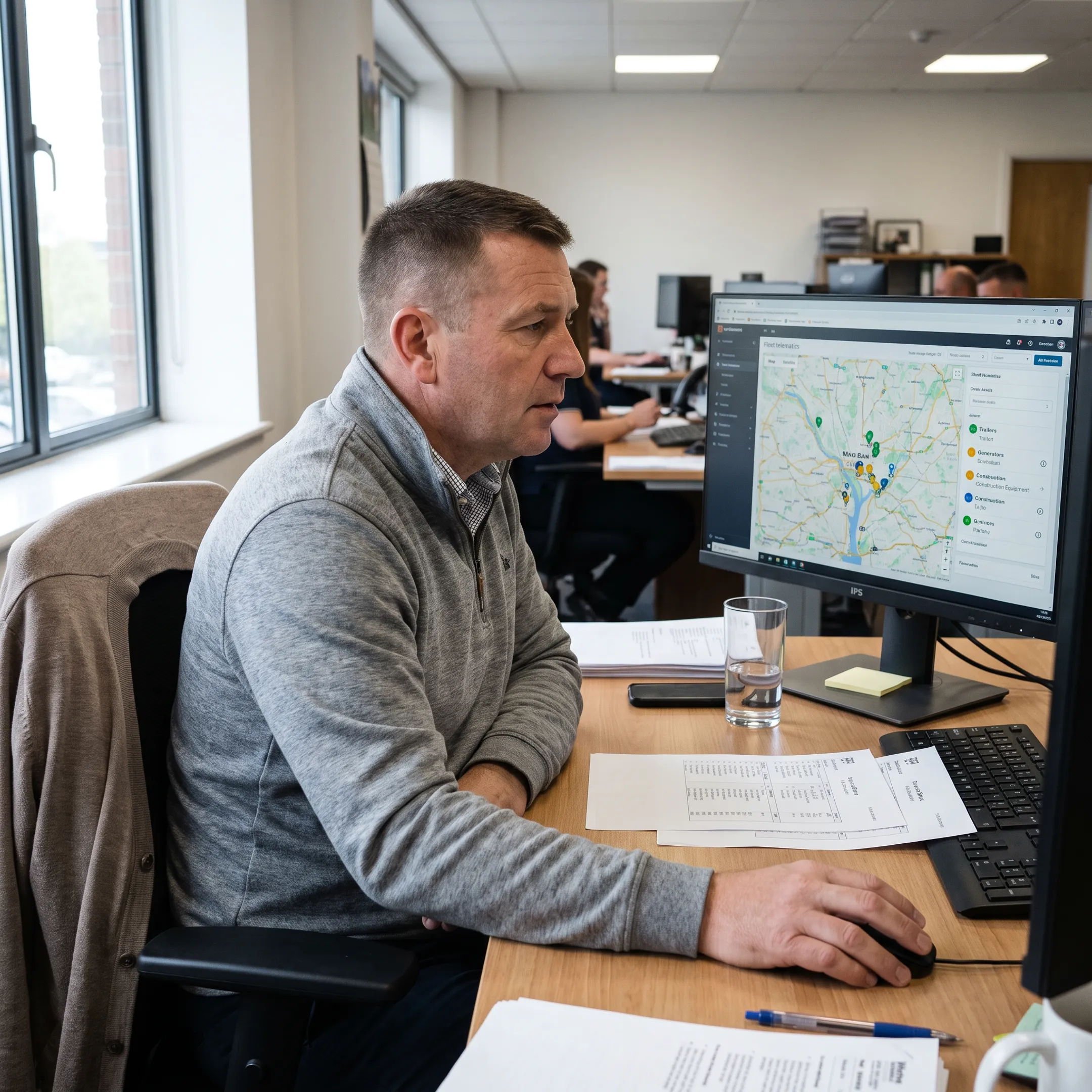 Fleet manager viewing GPS-tracked equipment on a map