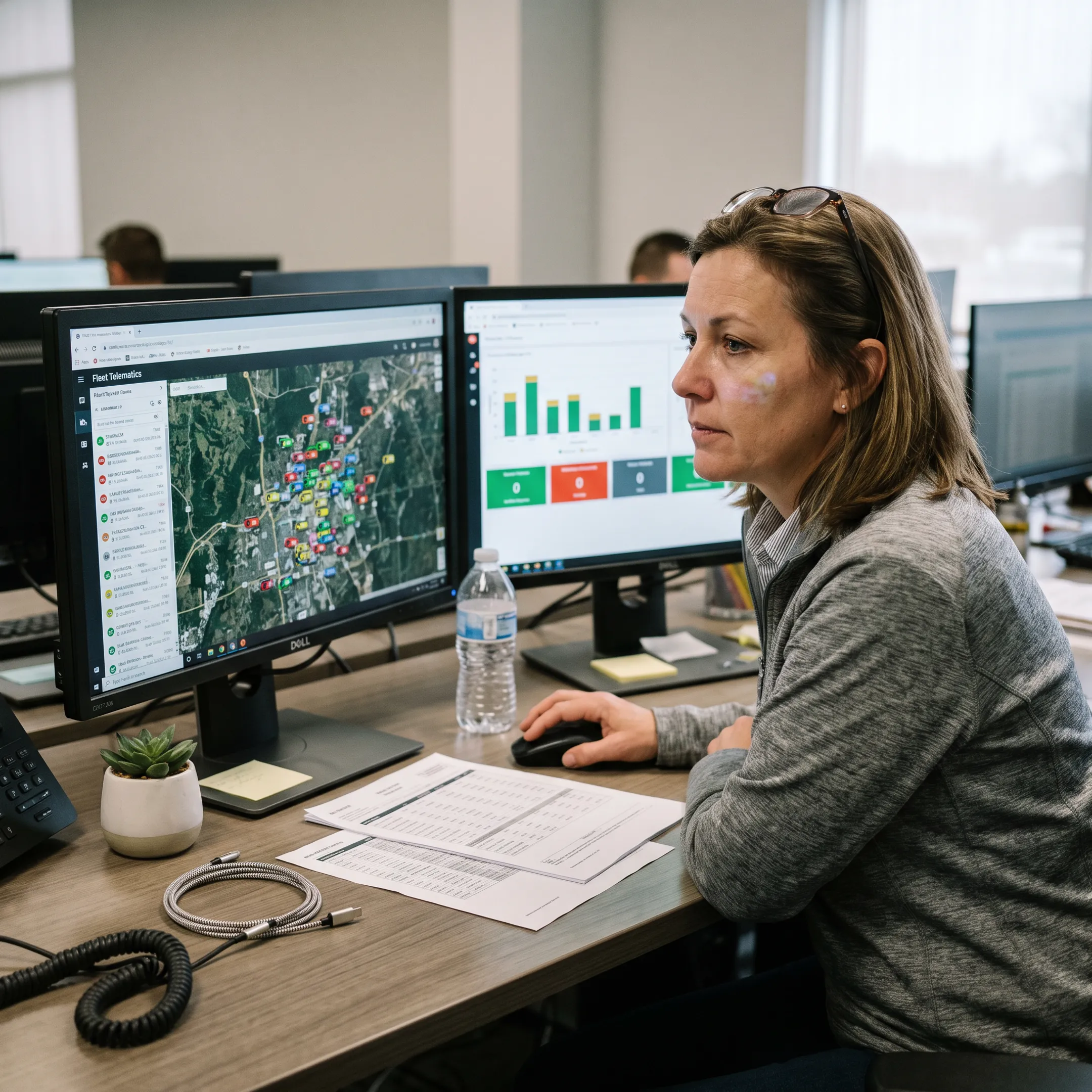 Fleet manager viewing tracked vehicles and assets