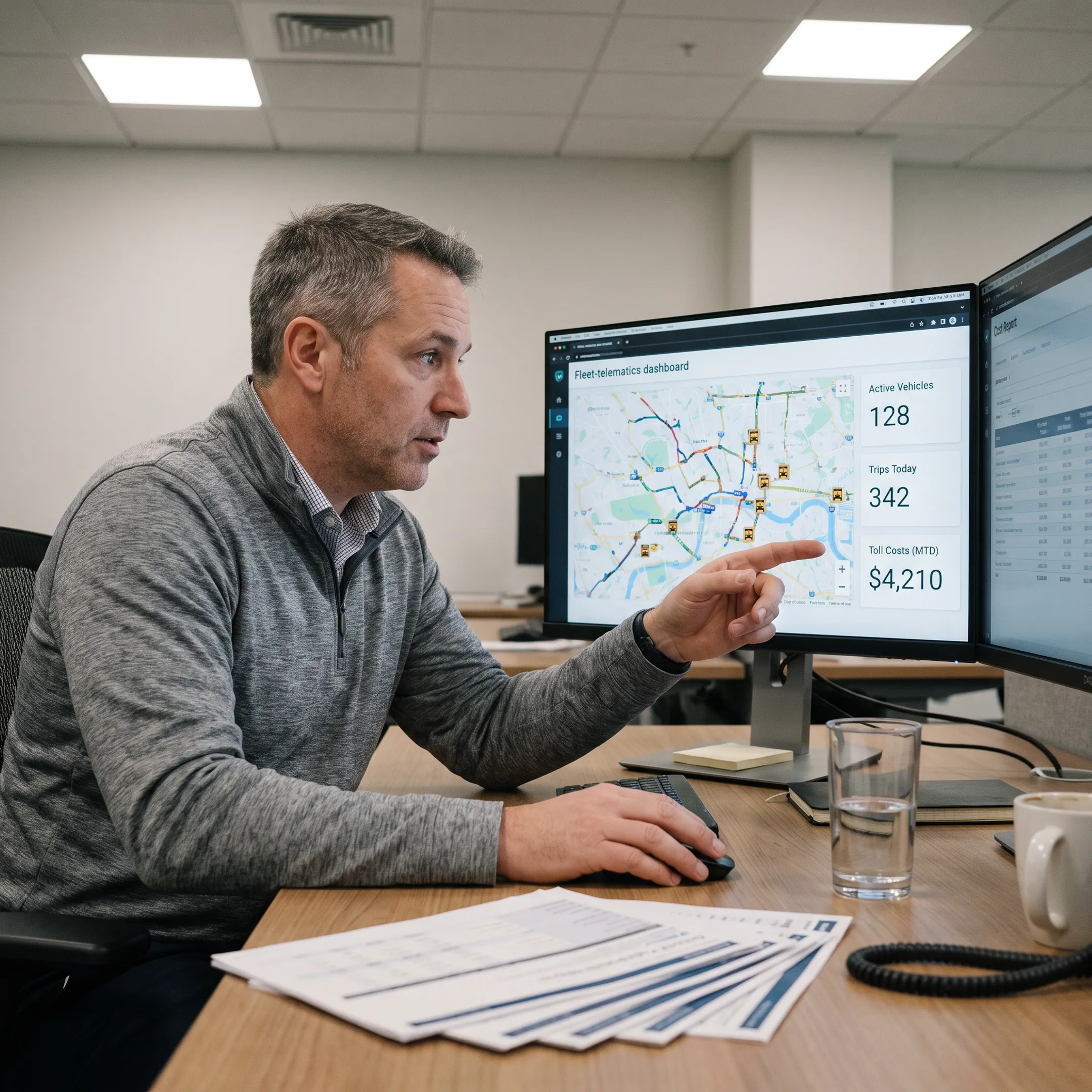 Fleet manager reviewing vehicle routes and toll activity