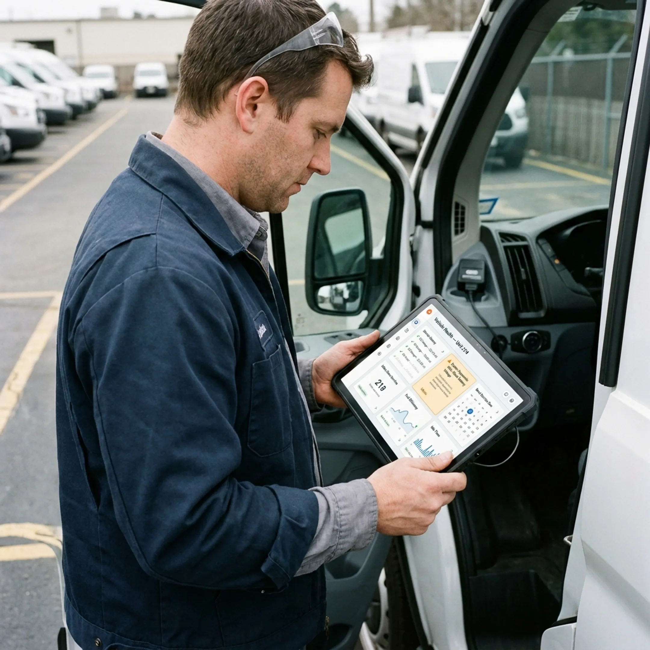 Technician checking a connected fleet vehicle