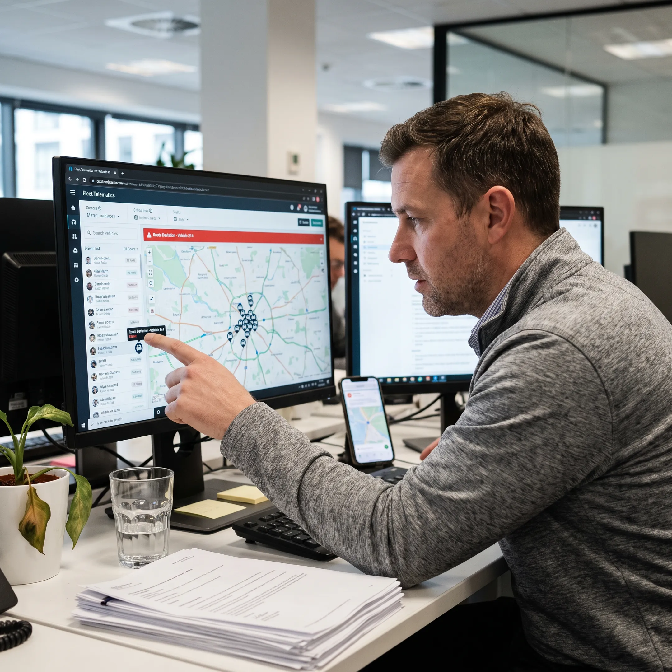 Fleet manager viewing vehicle locations on a tracking dashboard