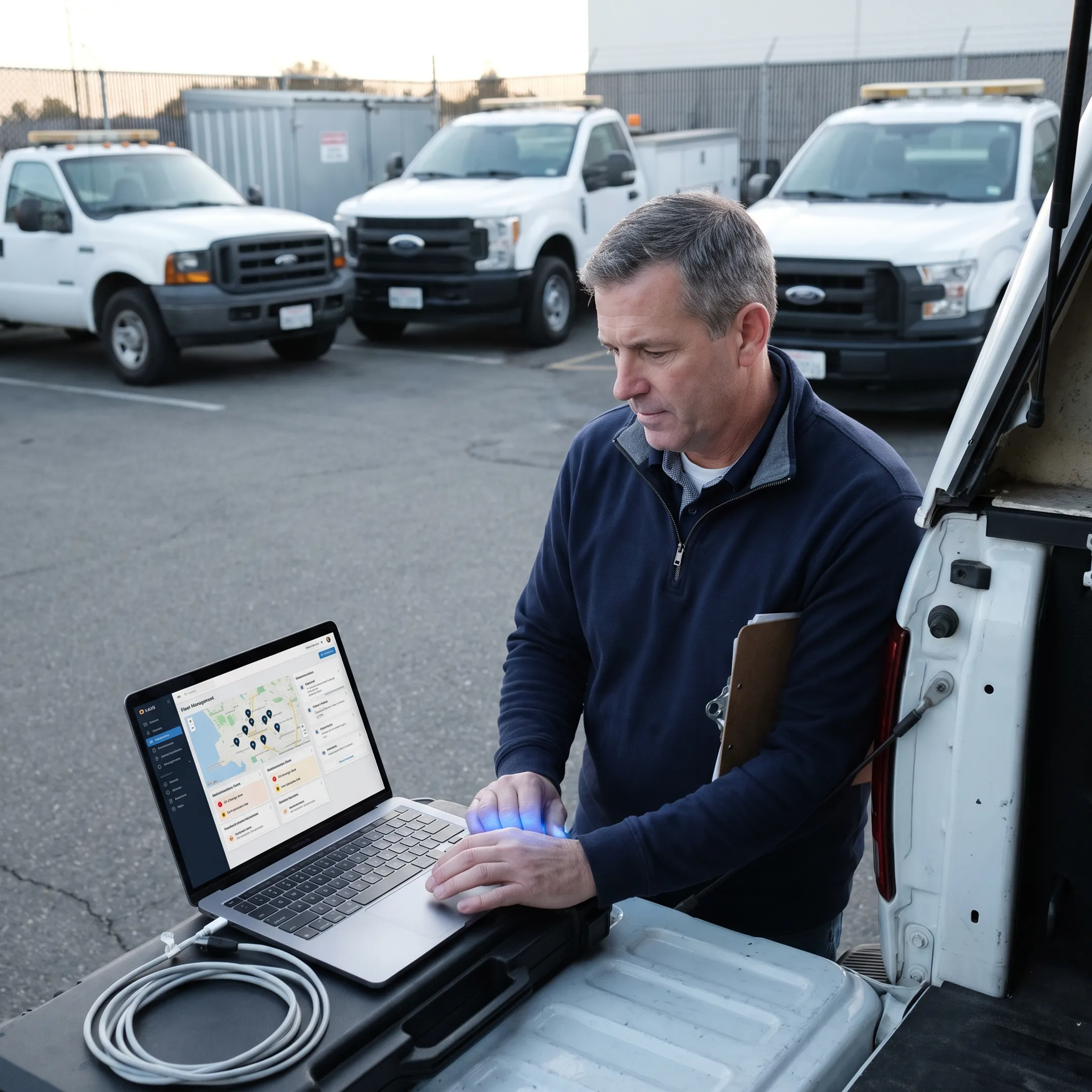 Fleet manager reviewing vehicle maintenance data