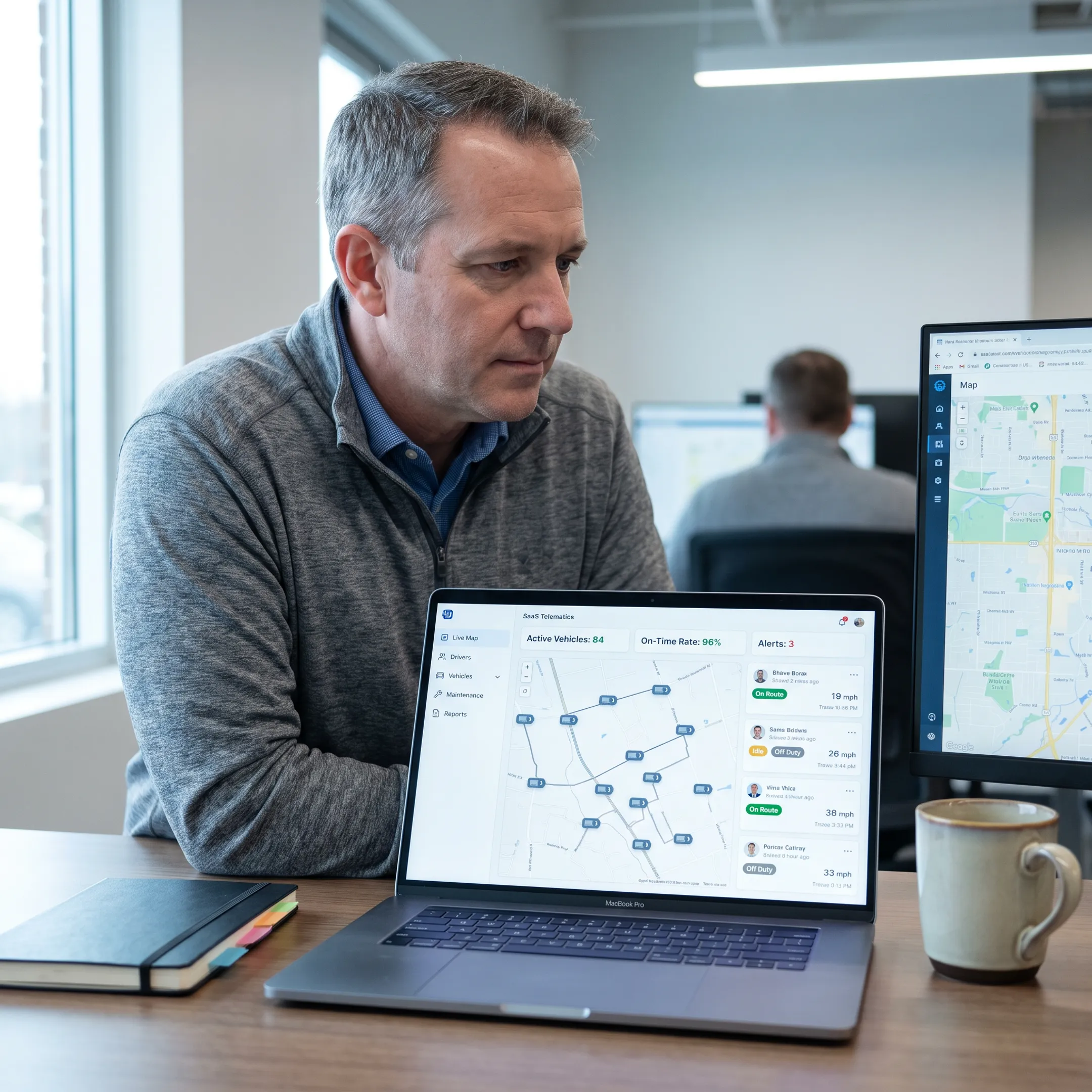 Fleet manager reviewing vehicle locations on a live map