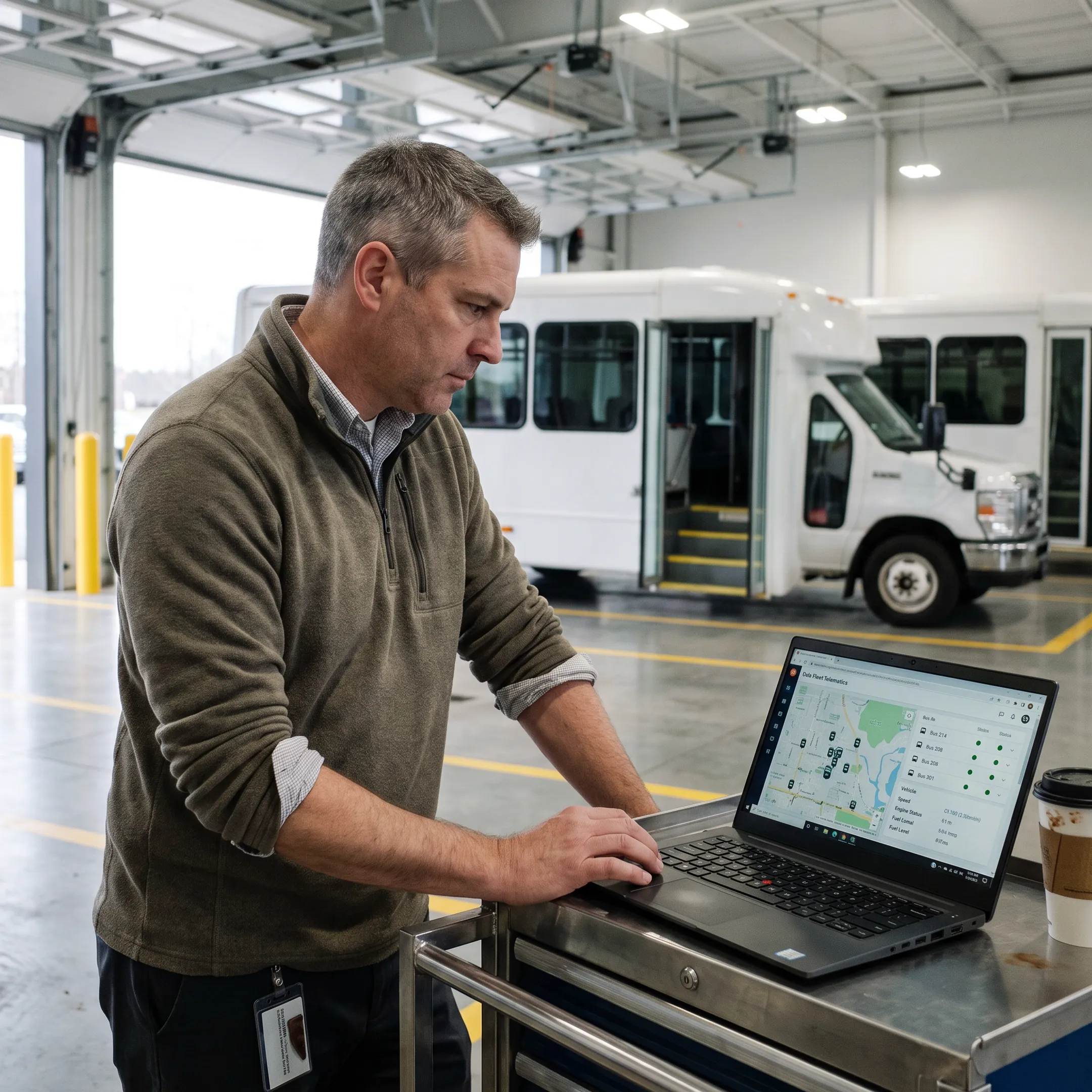 Bus fleet manager viewing live GPS locations