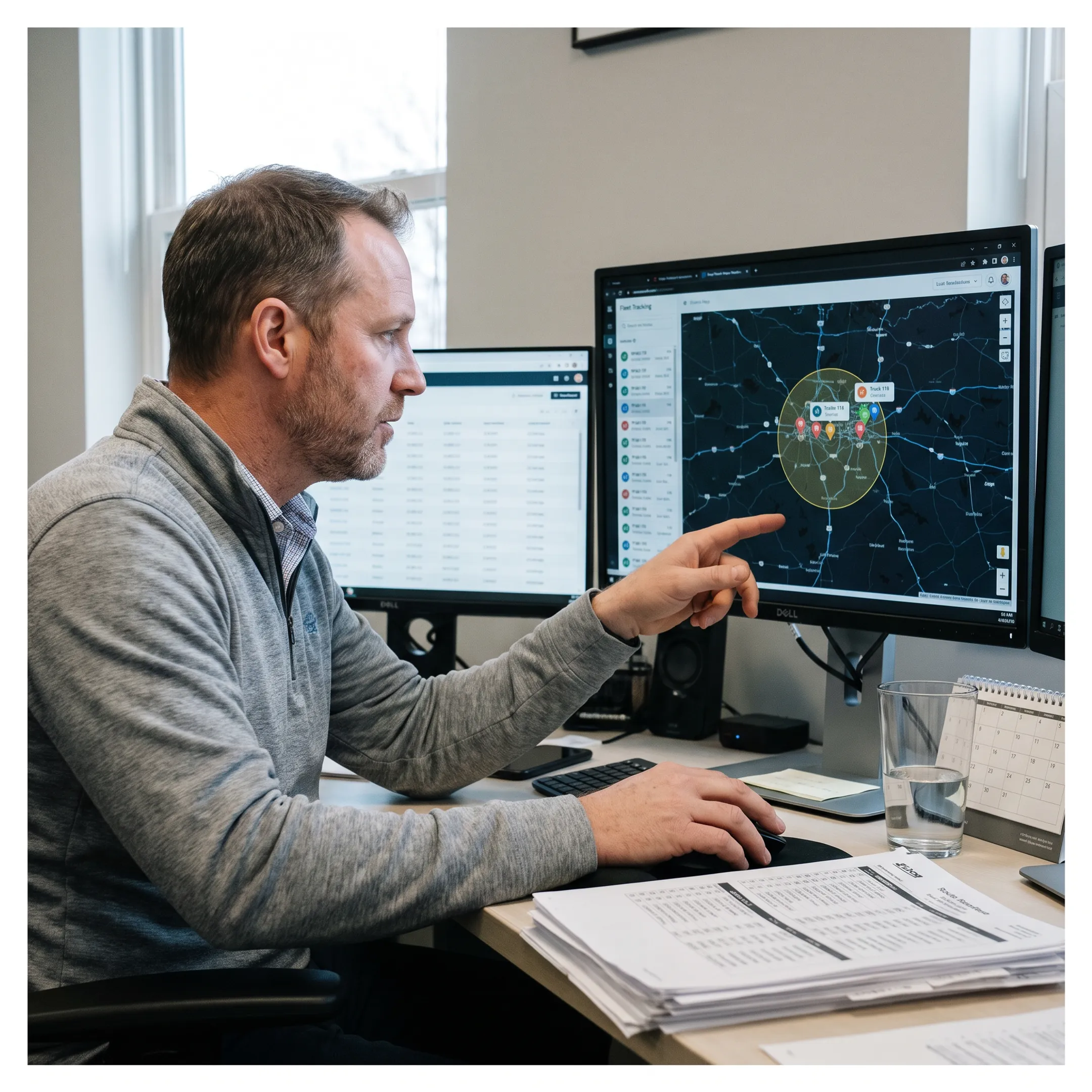 Fleet manager viewing GPS-tracked equipment on a map