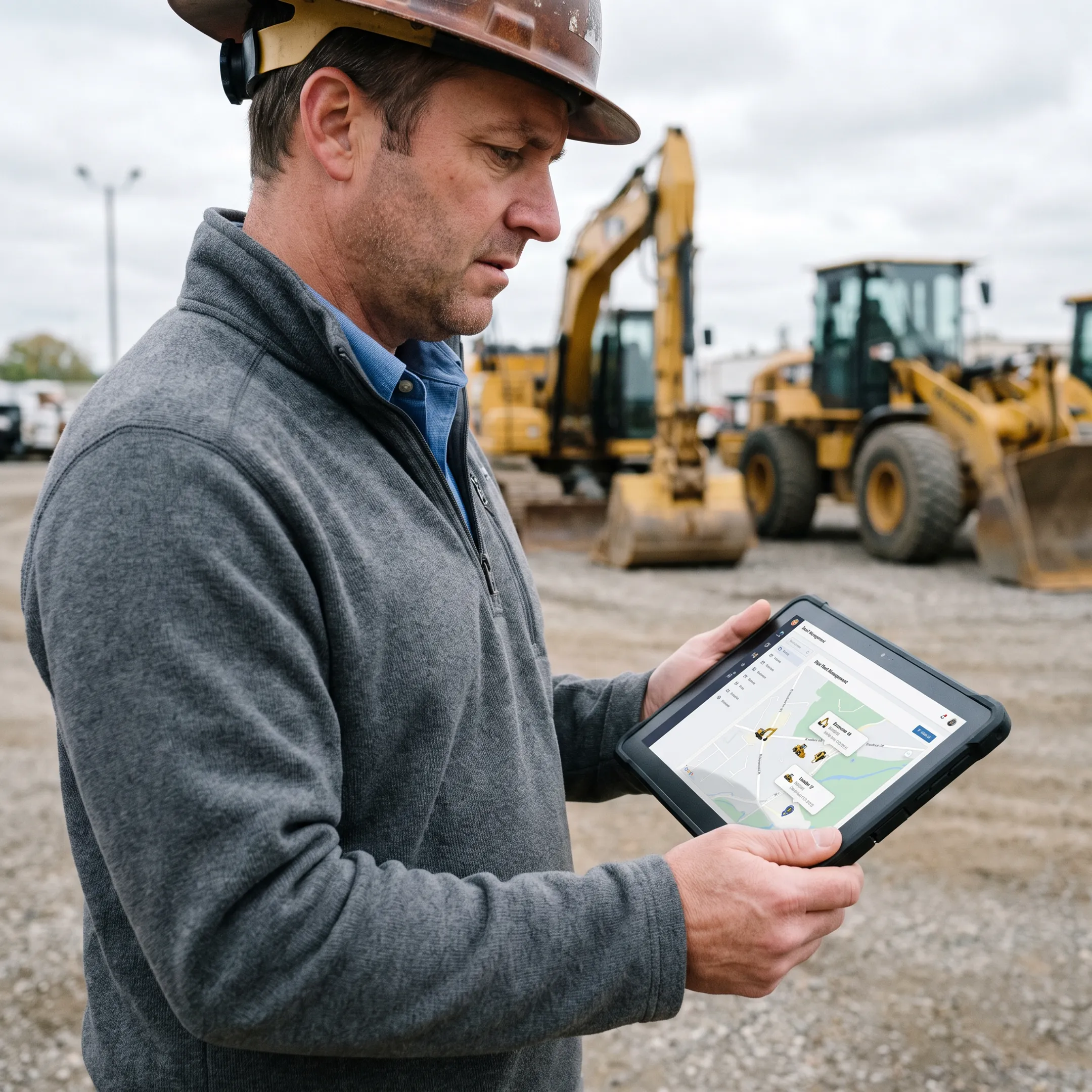 Fleet manager reviewing heavy equipment tracking software