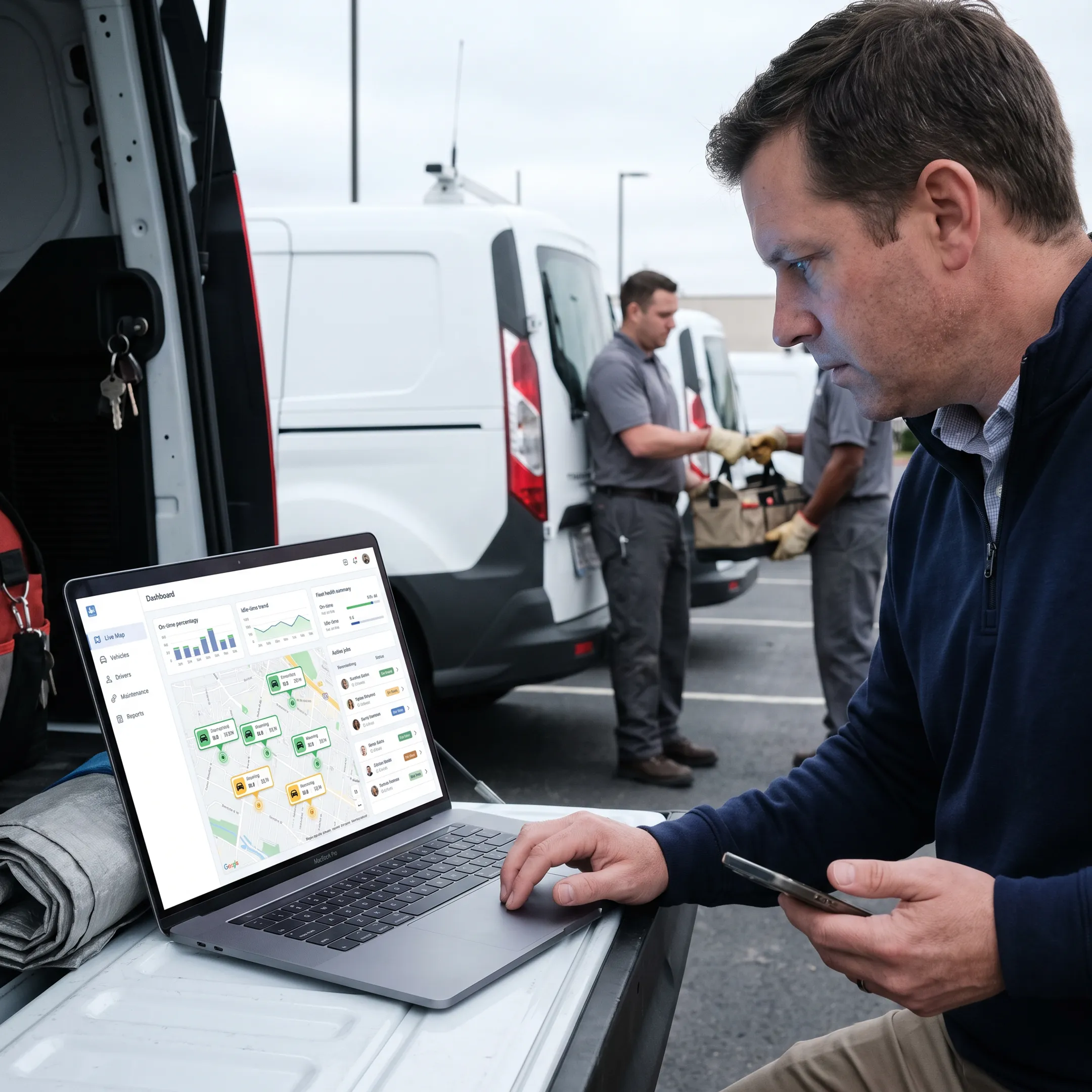 Field service manager reviewing technician locations