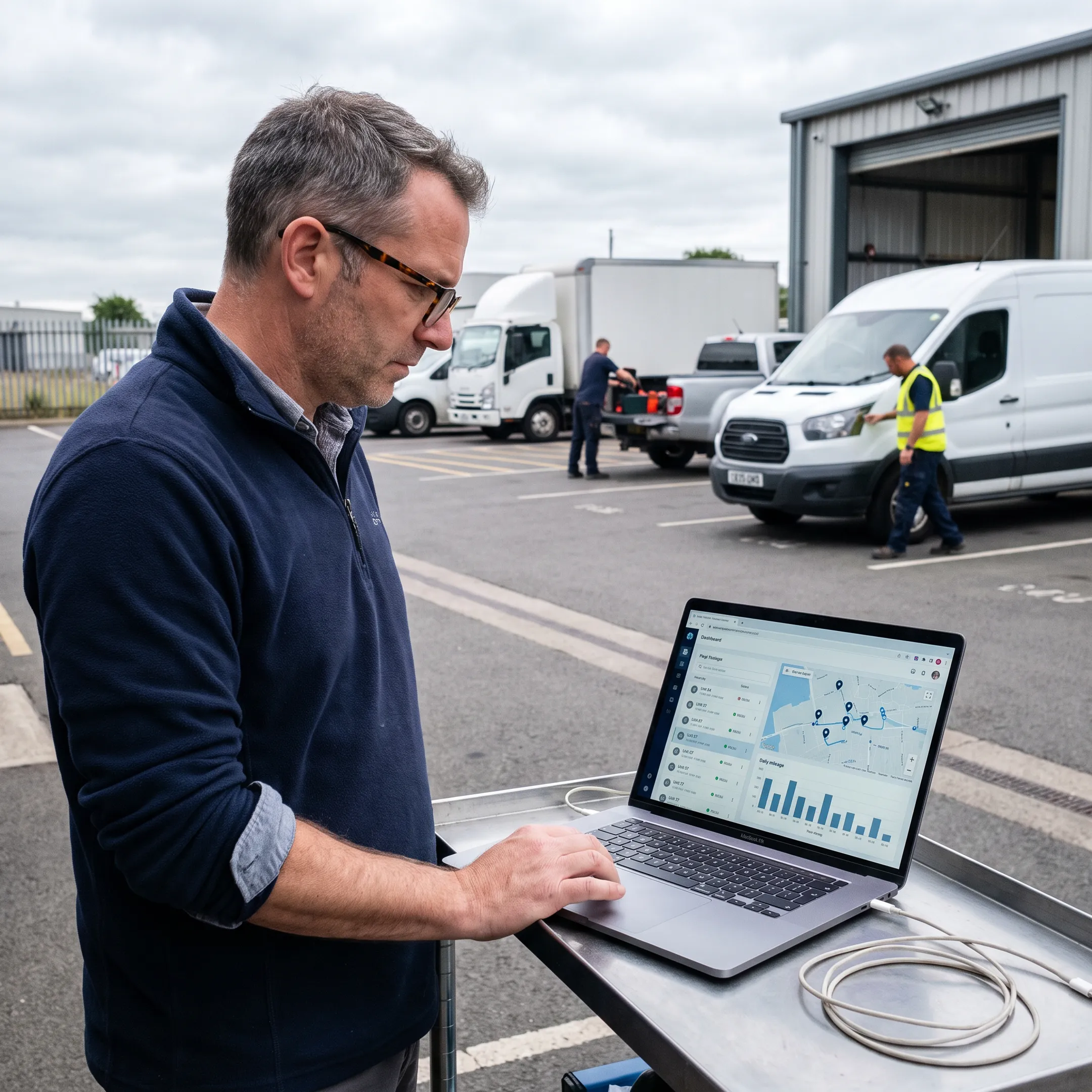 Fleet manager reviewing live vehicle tracking data