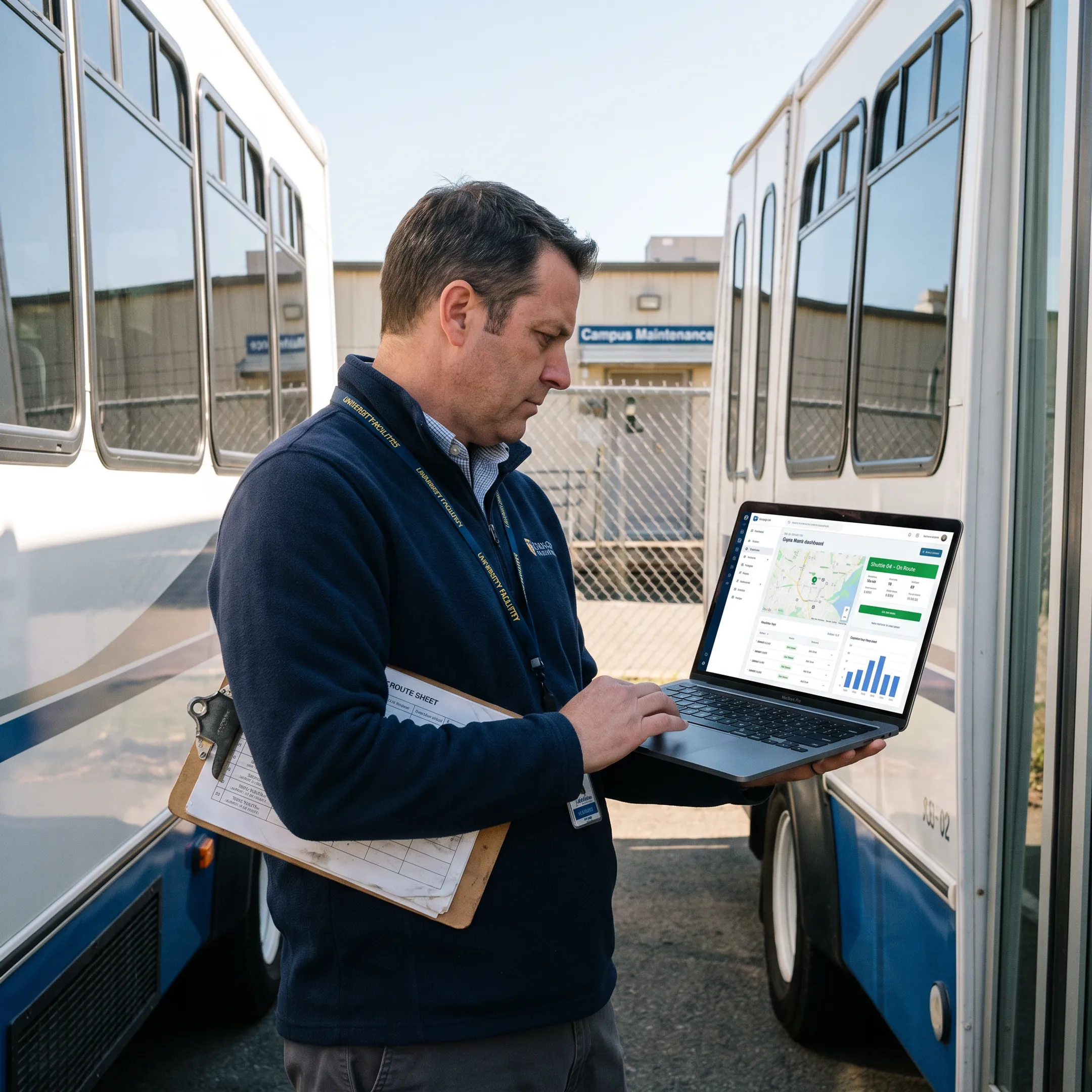 University fleet manager reviewing vehicle locations