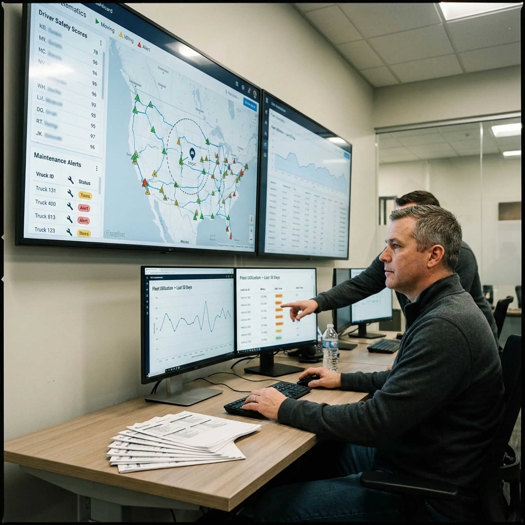 Fleet software dashboard showing vehicle and driver data