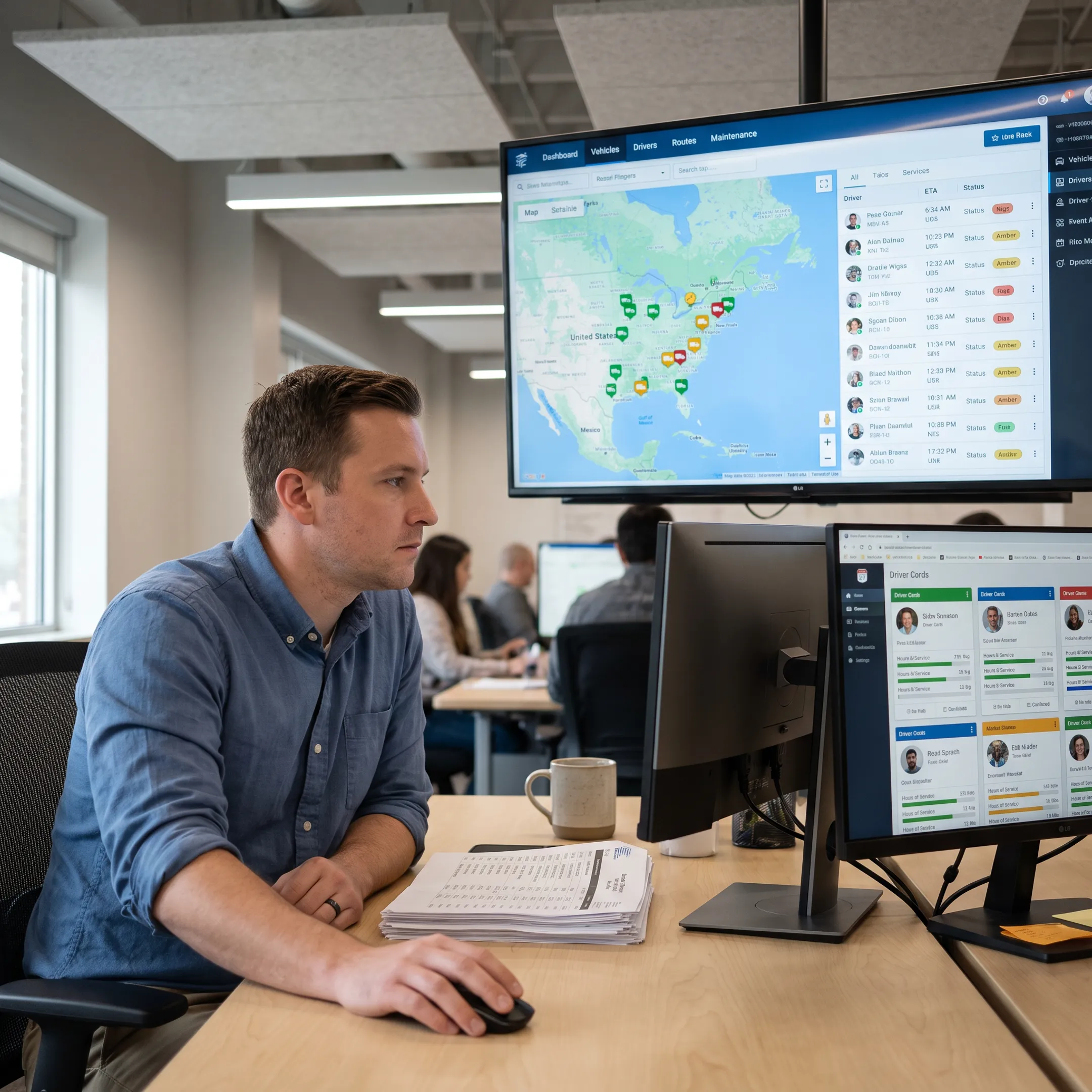 Dispatcher monitoring trucks on a live fleet map