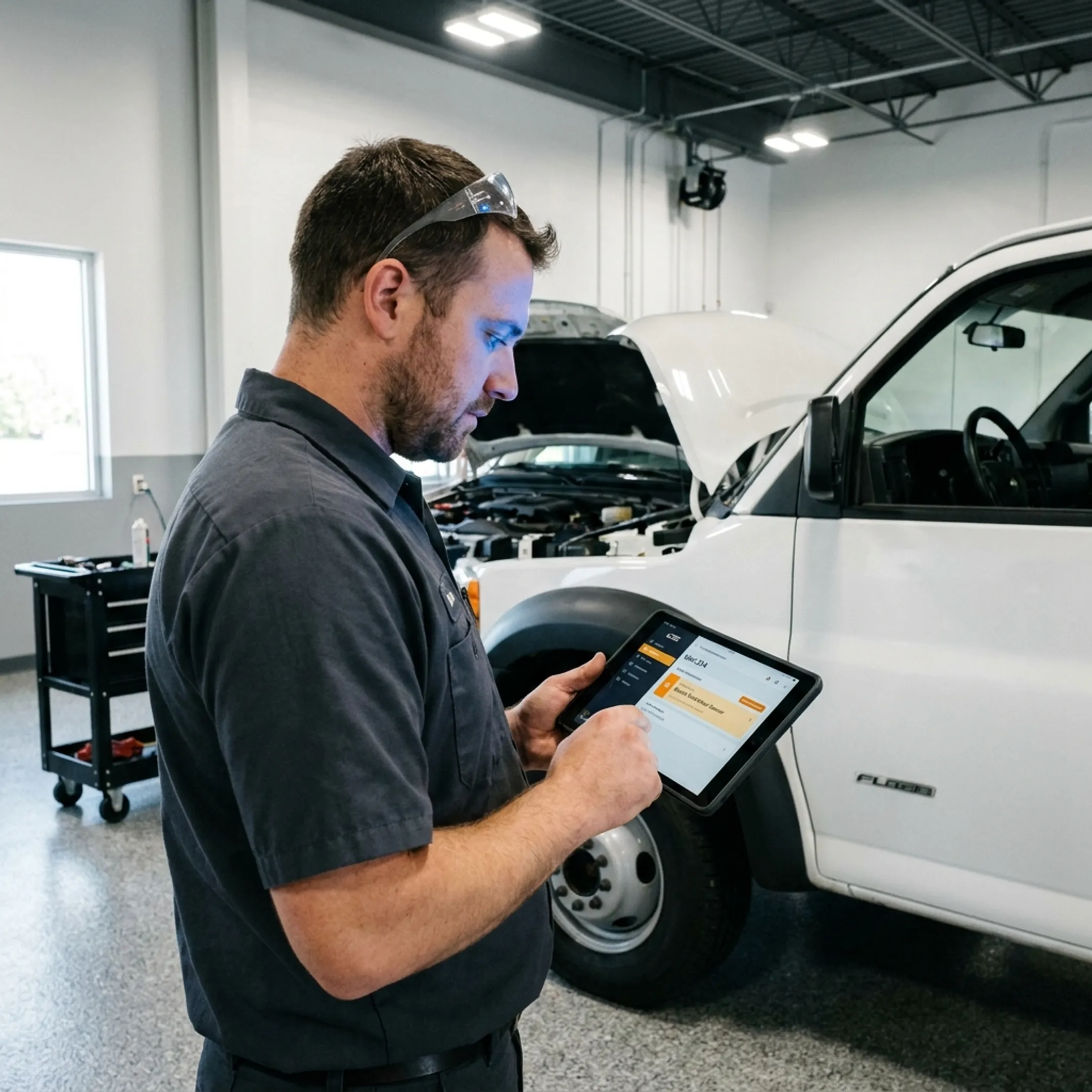 Technician reviewing digital fleet service records