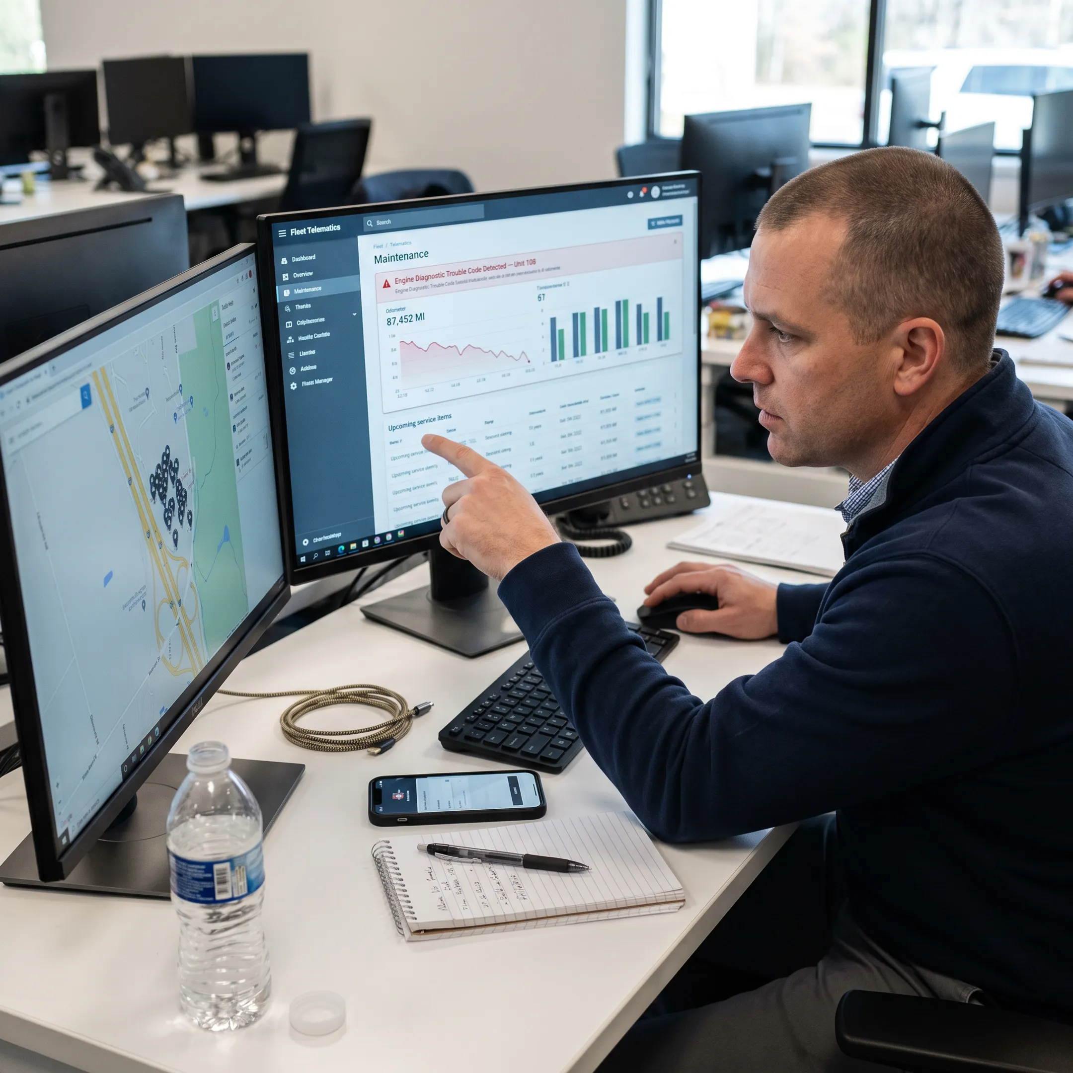 Fleet manager reviewing vehicle maintenance data