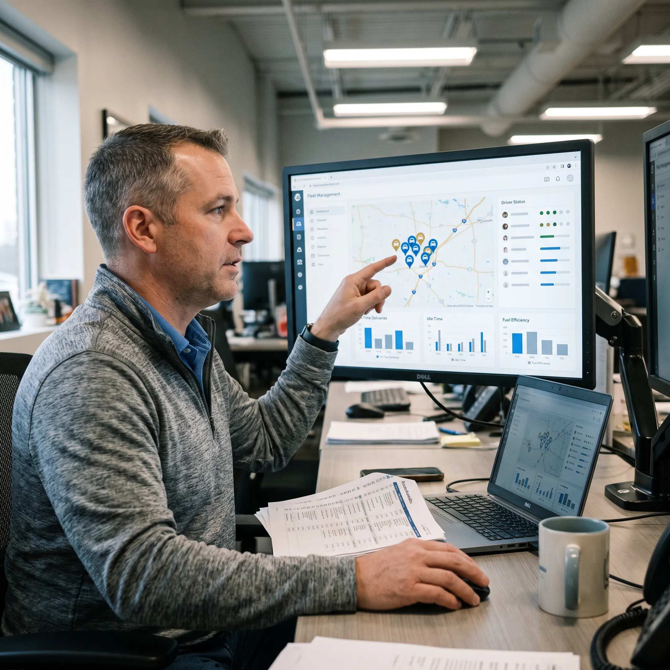 Fleet manager monitoring live vehicle routes