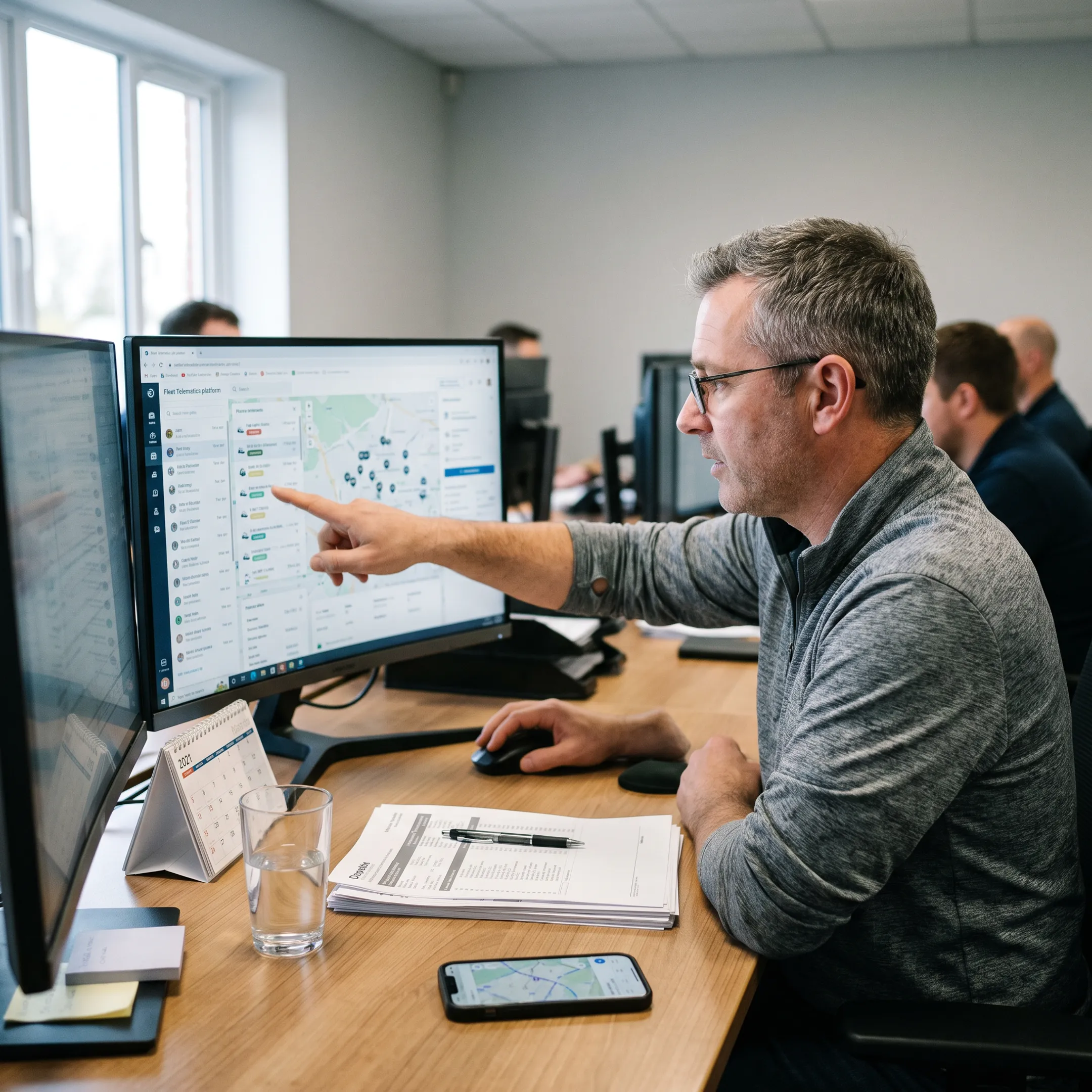 Fleet manager viewing equipment tracking map
