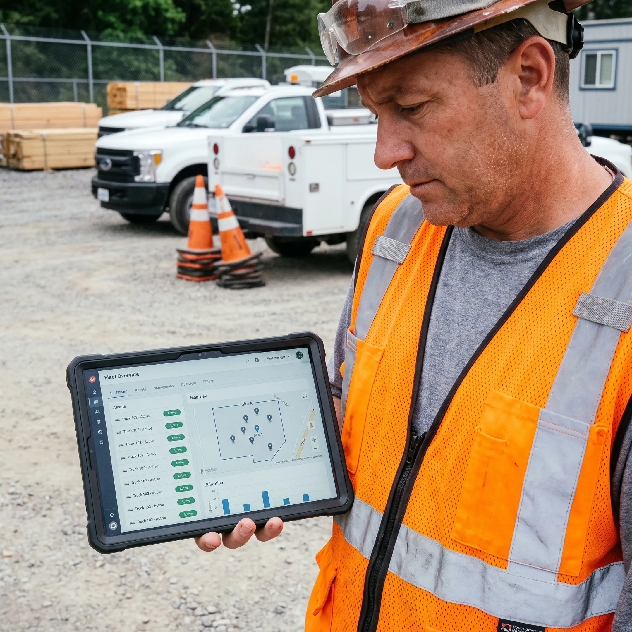 Construction manager reviewing fleet locations