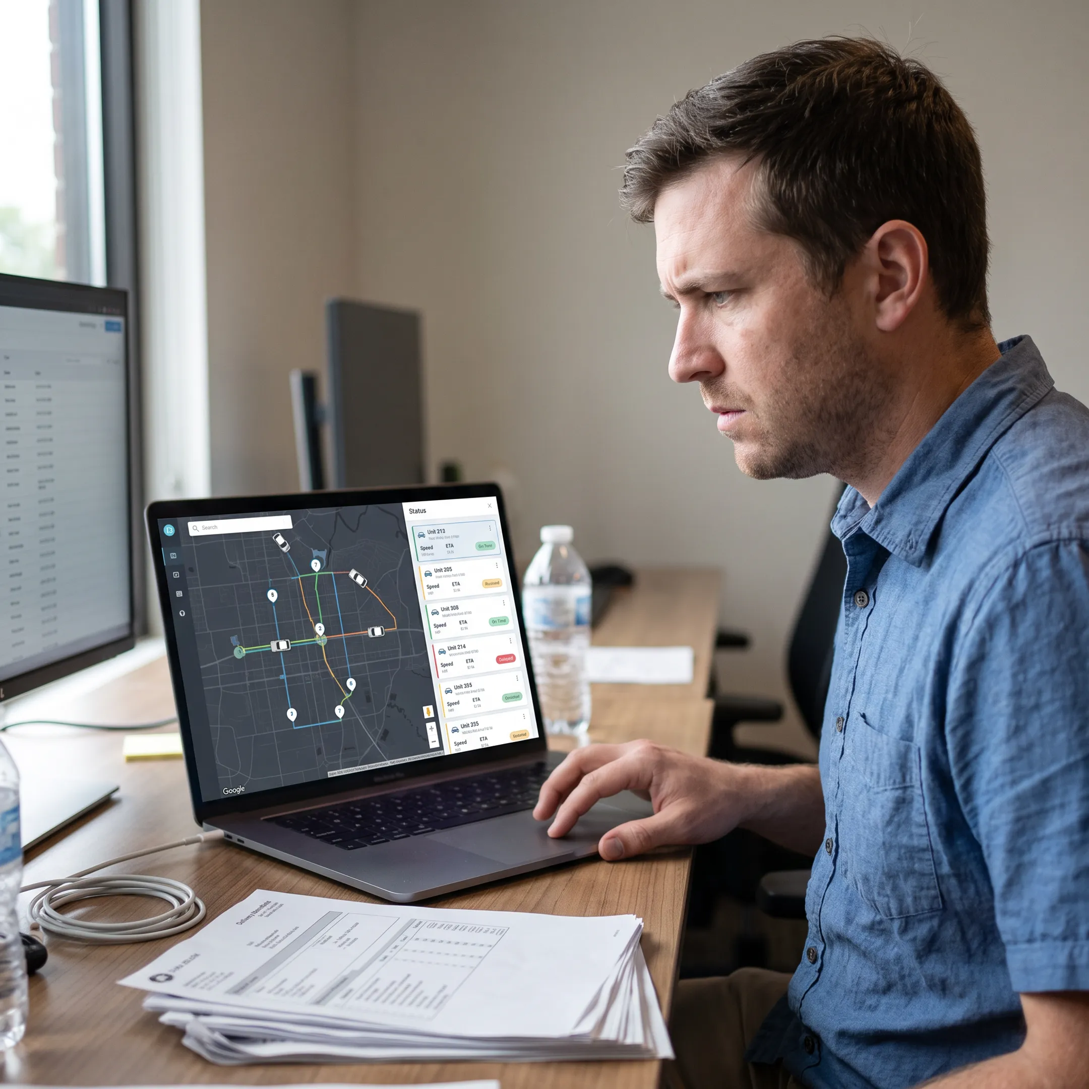 Dispatcher reviewing delivery vehicles on a live route map