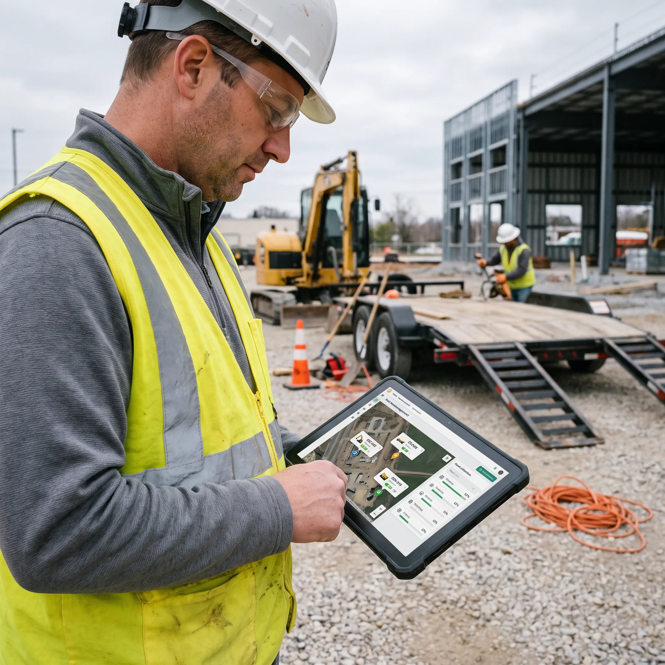 Construction manager reviewing equipment locations