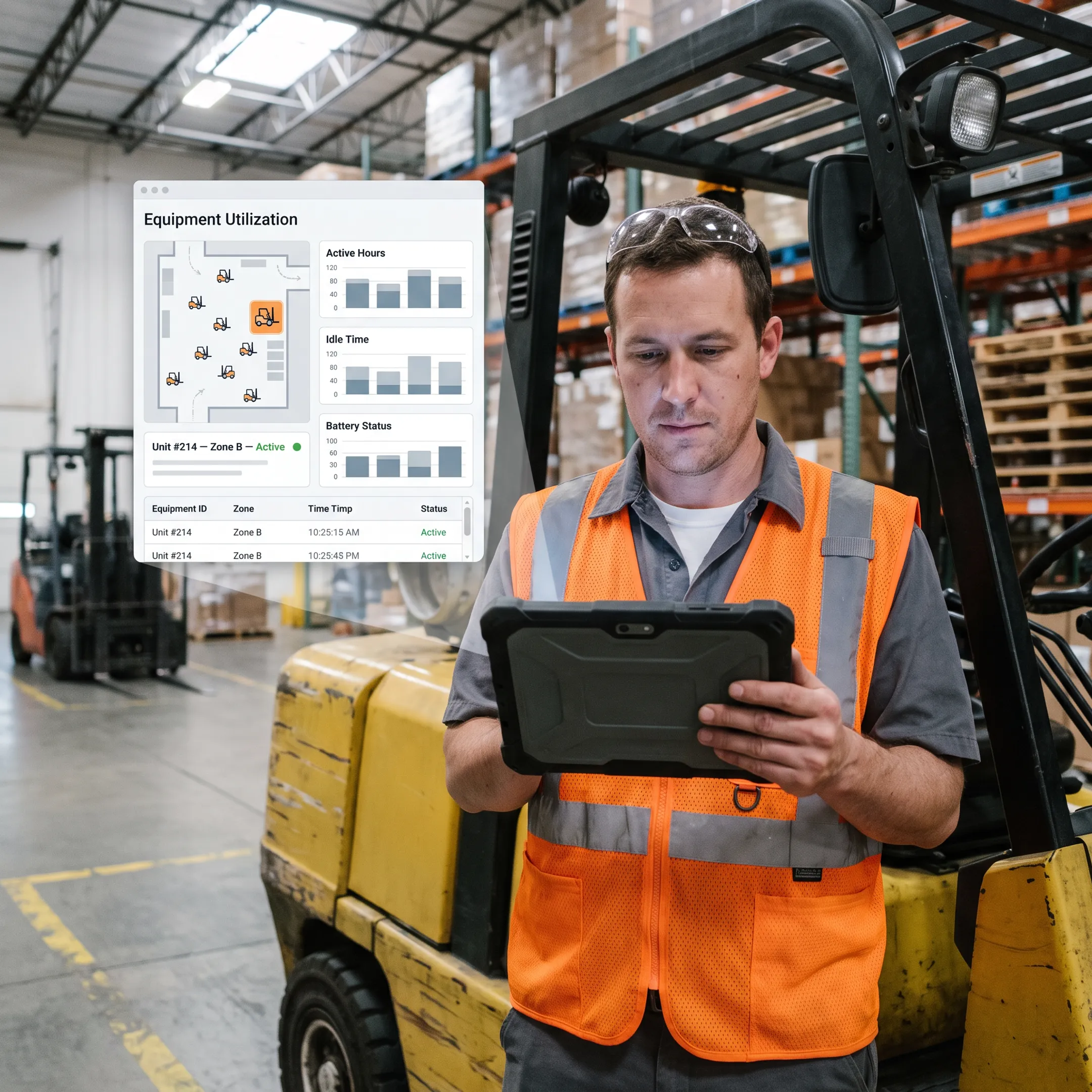 Forklift operator using a monitoring dashboard