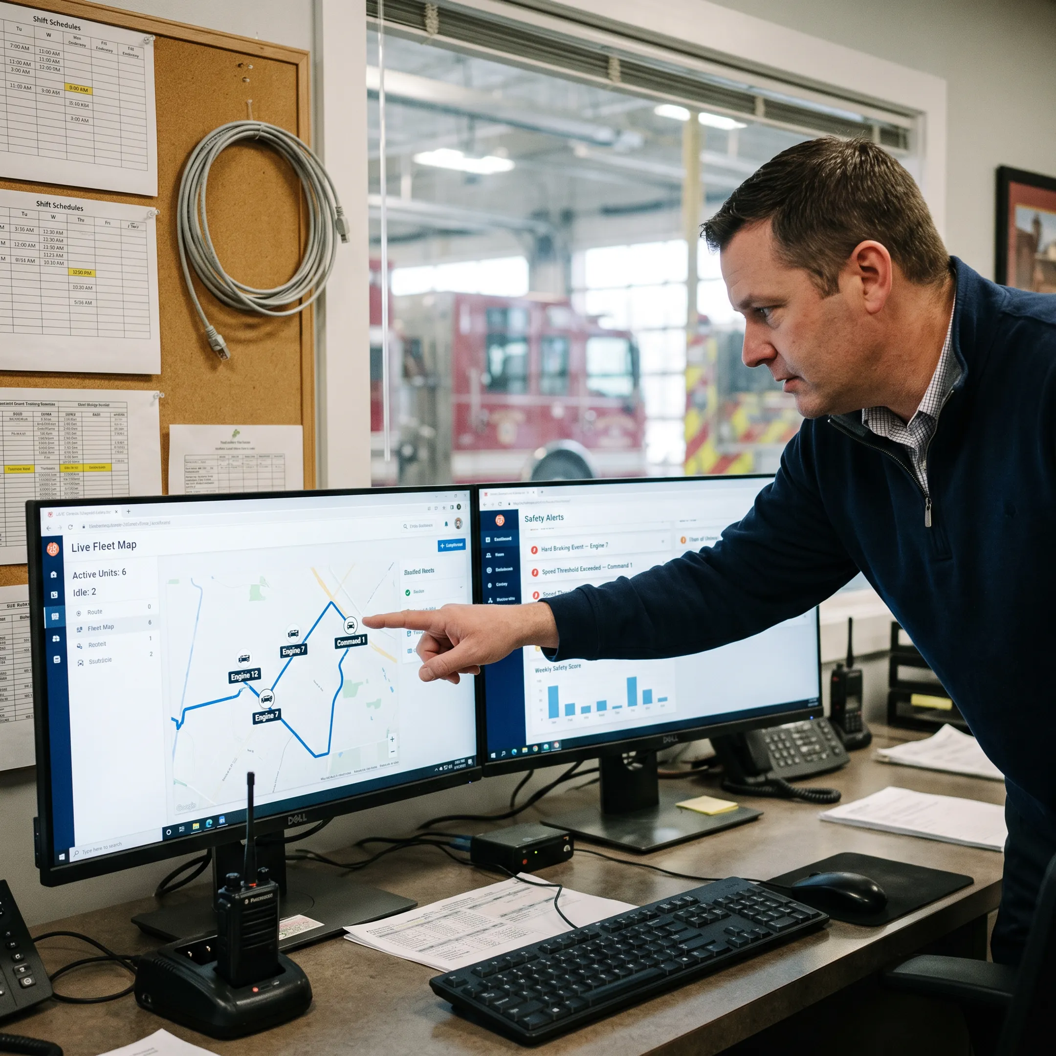 Fire engine fleet monitored on a dispatch dashboard