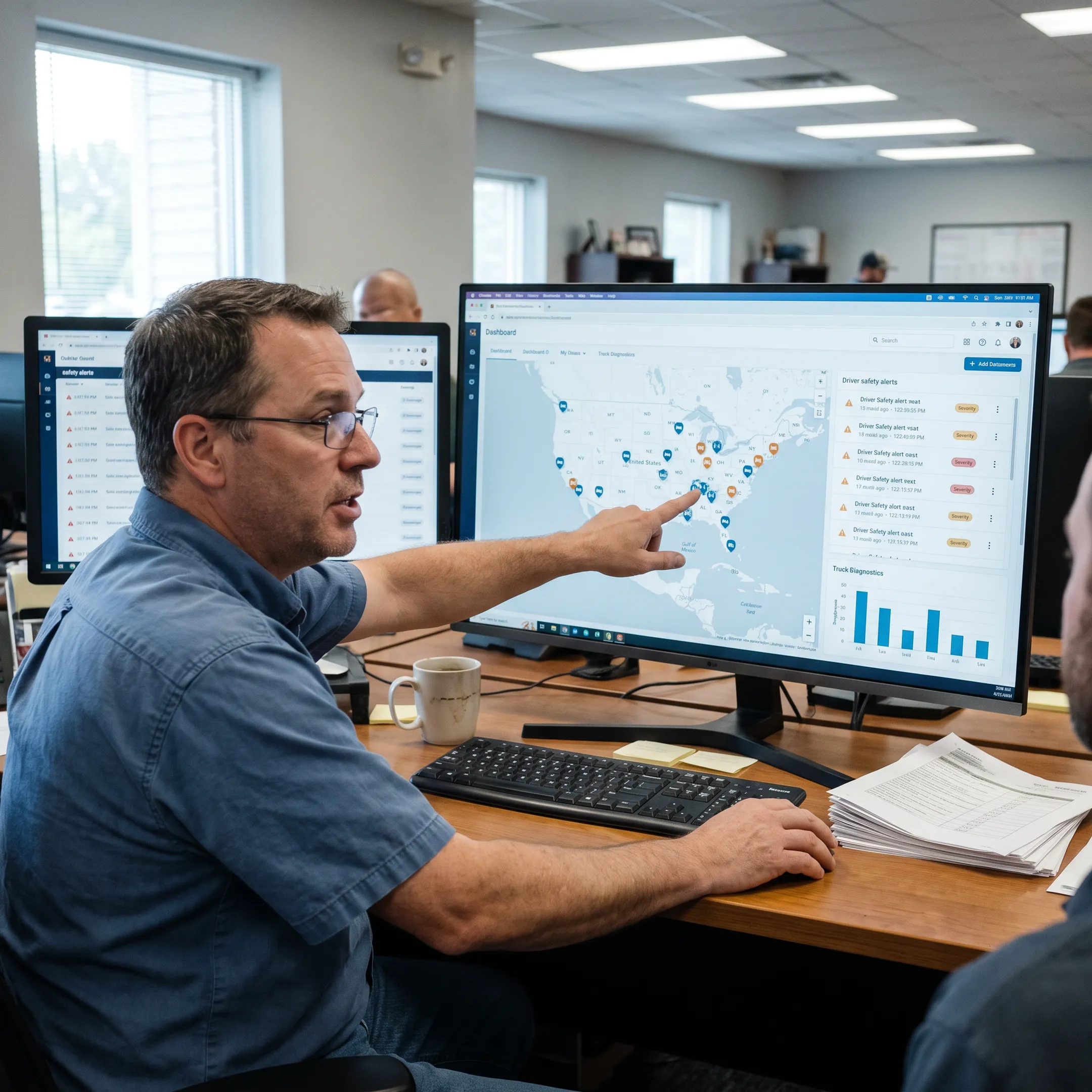 Trucking fleet manager reviewing live vehicle data