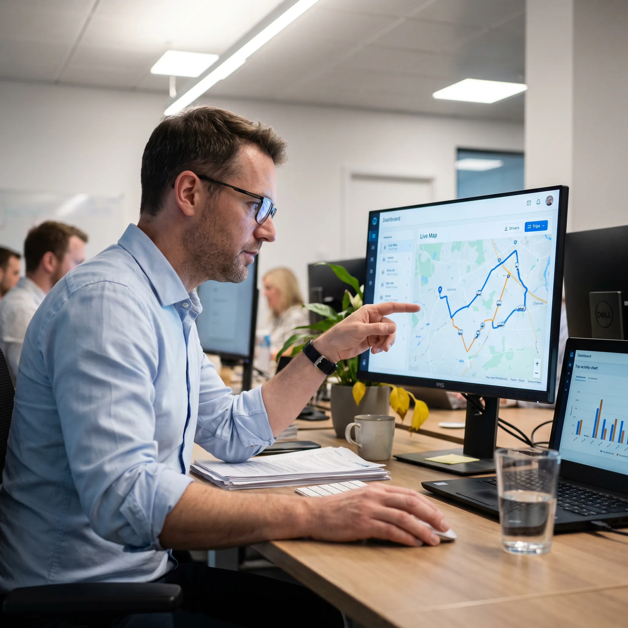 Fleet manager reviewing vehicle routes