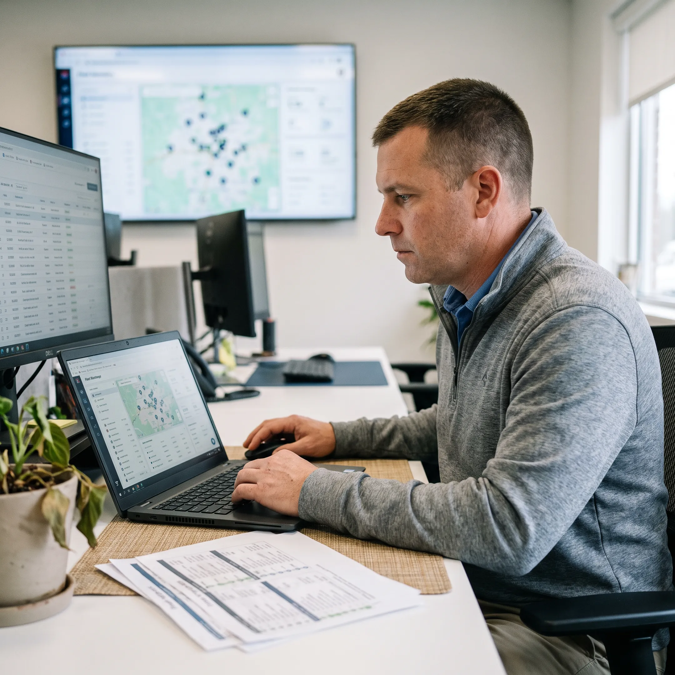 Fleet manager reviewing GPS tracking software