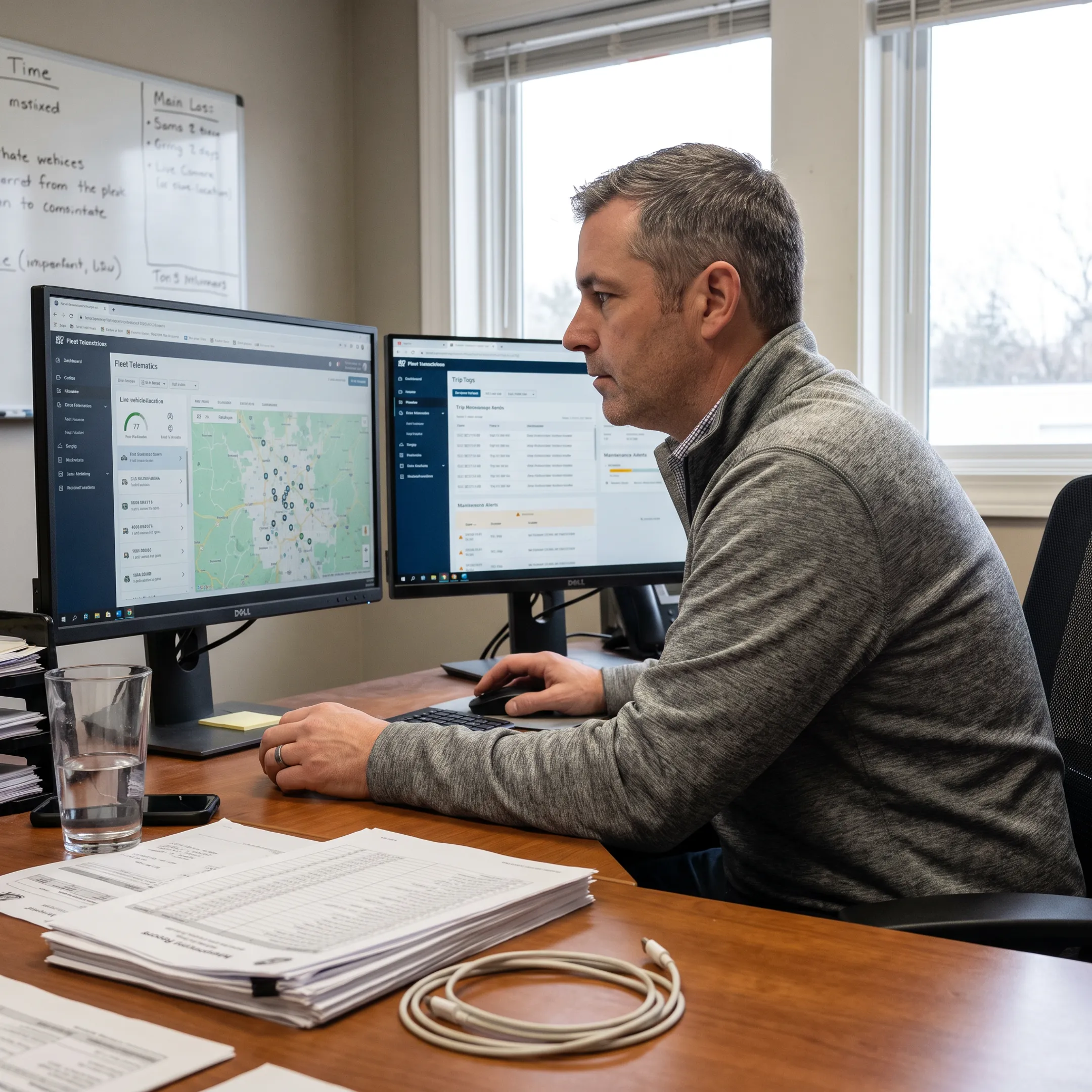 Fleet manager reviewing vehicle activity logs
