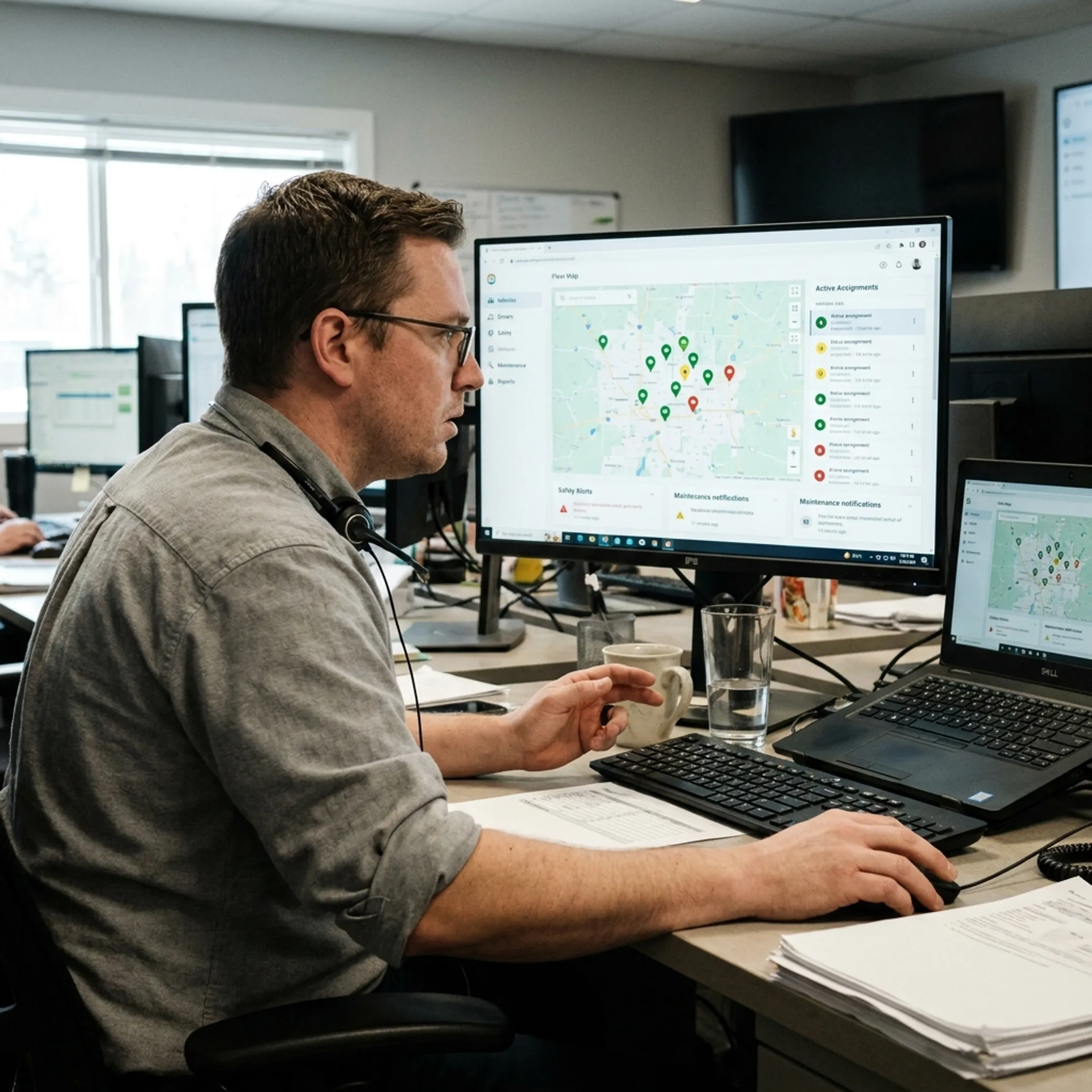 Dispatcher reviewing fleet activity dashboard