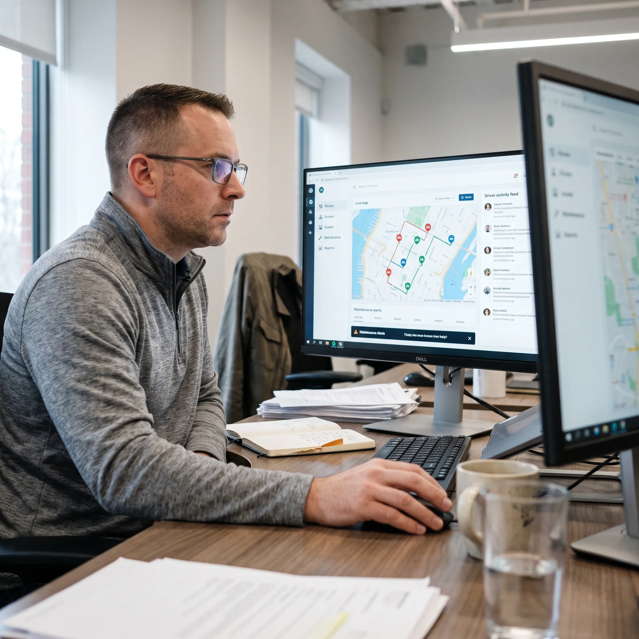 Fleet manager reviewing live logistics data