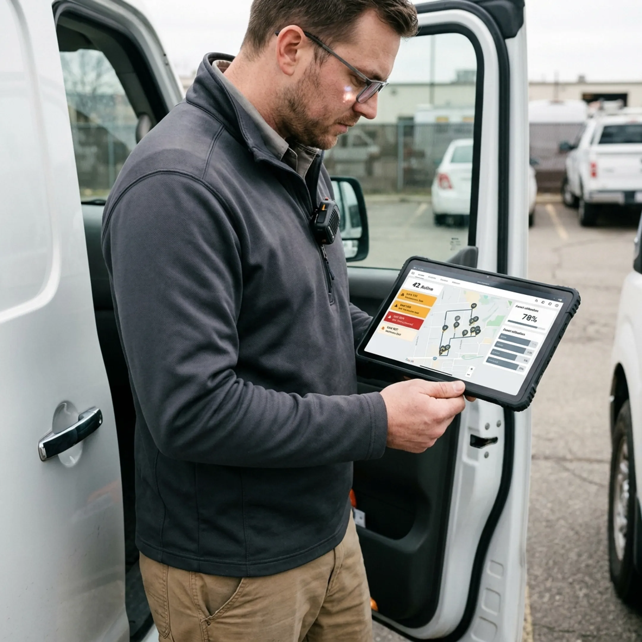 Technician checking equipment tracking and maintenance dashboard