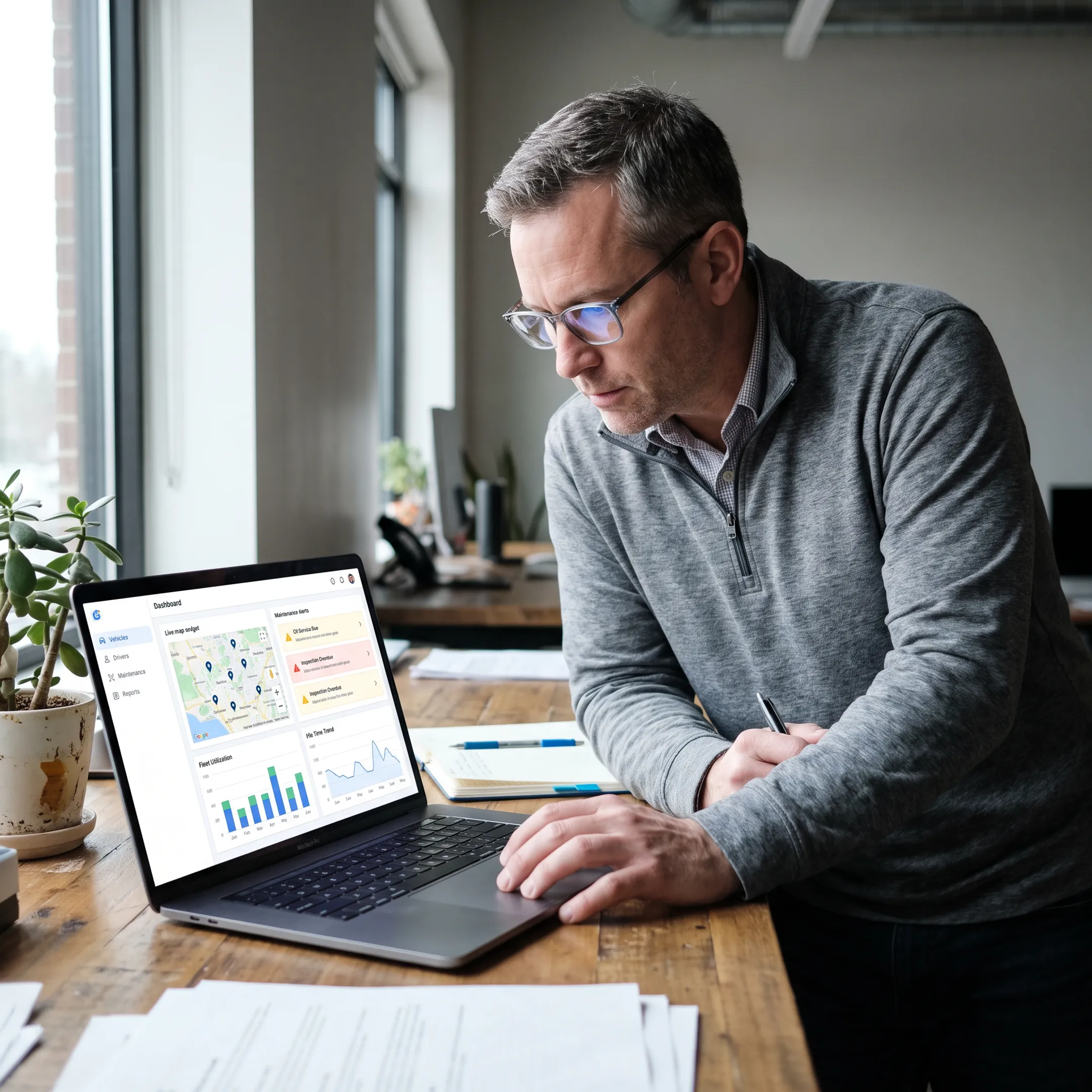 Fleet manager reviewing asset and maintenance data
