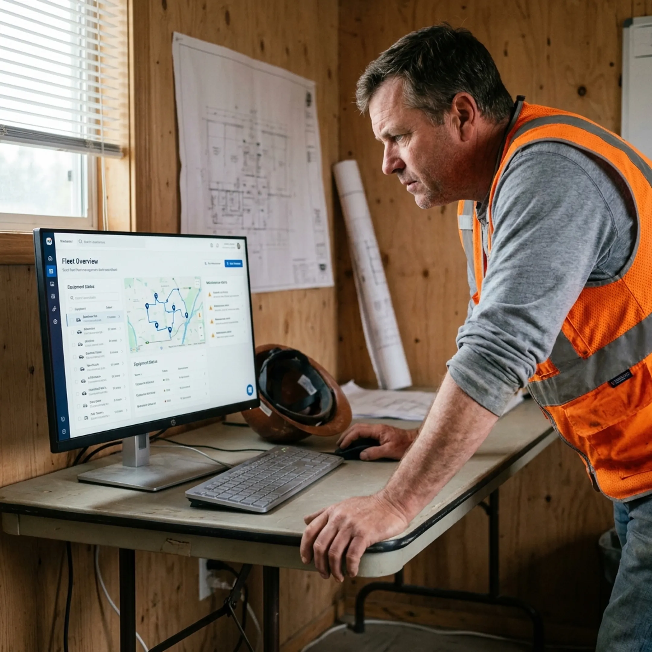 Construction supervisor monitoring fleet software dashboard